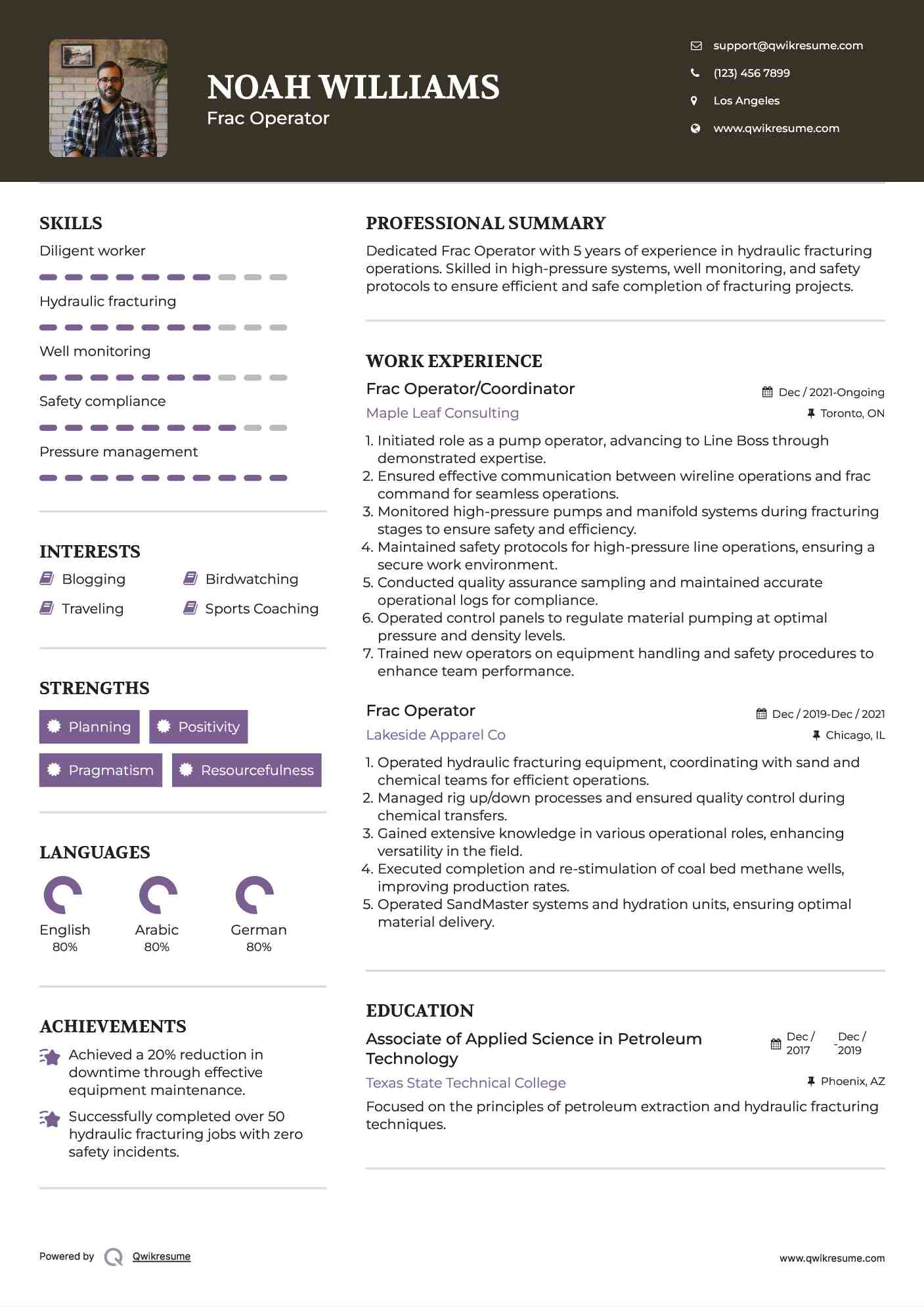 Frac Operator/Coordinator Resume Template