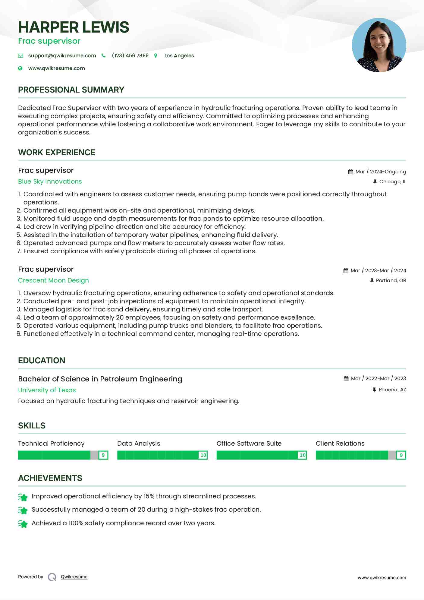 Frac supervisor Resume Sample