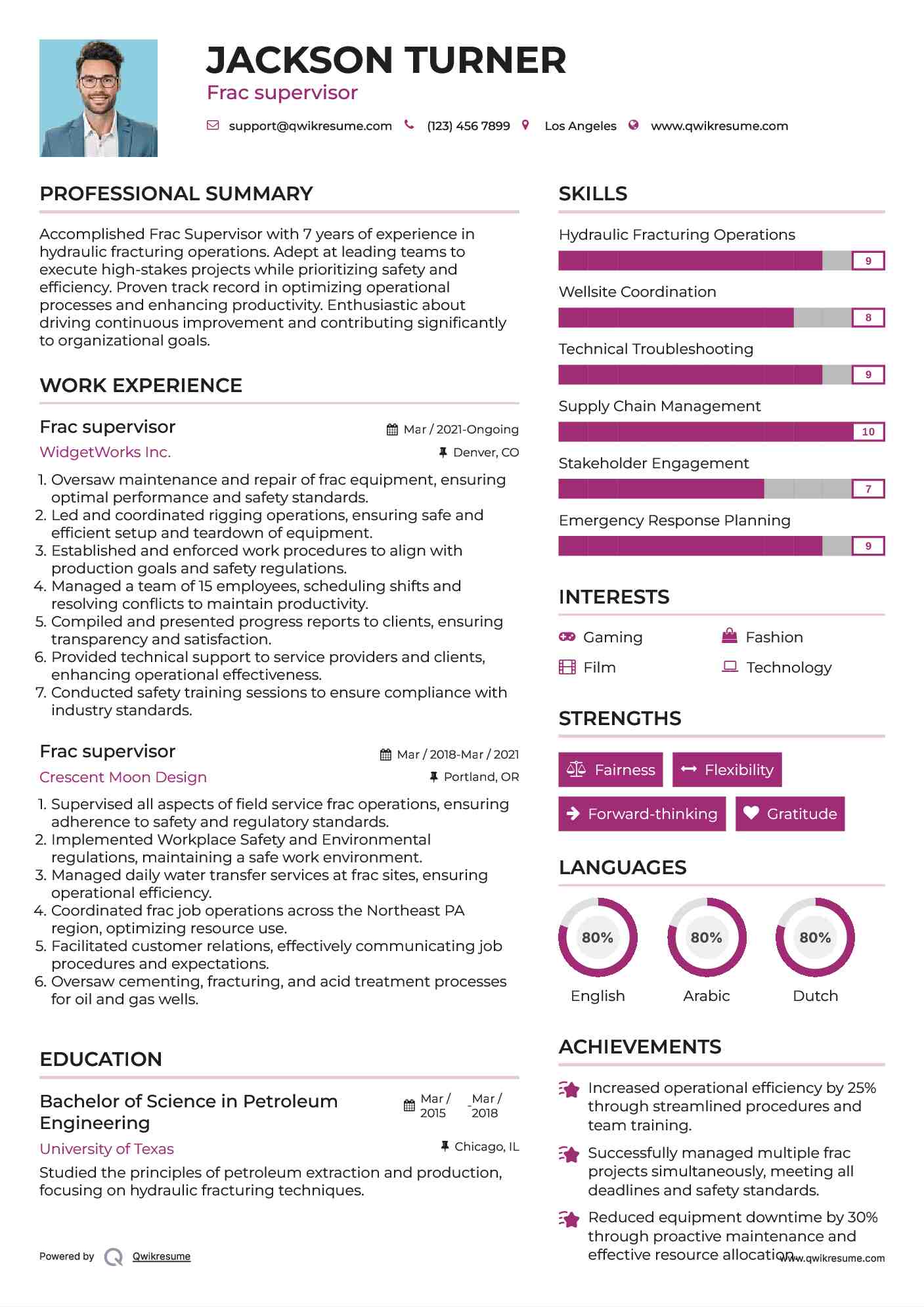 Frac supervisor Resume Format