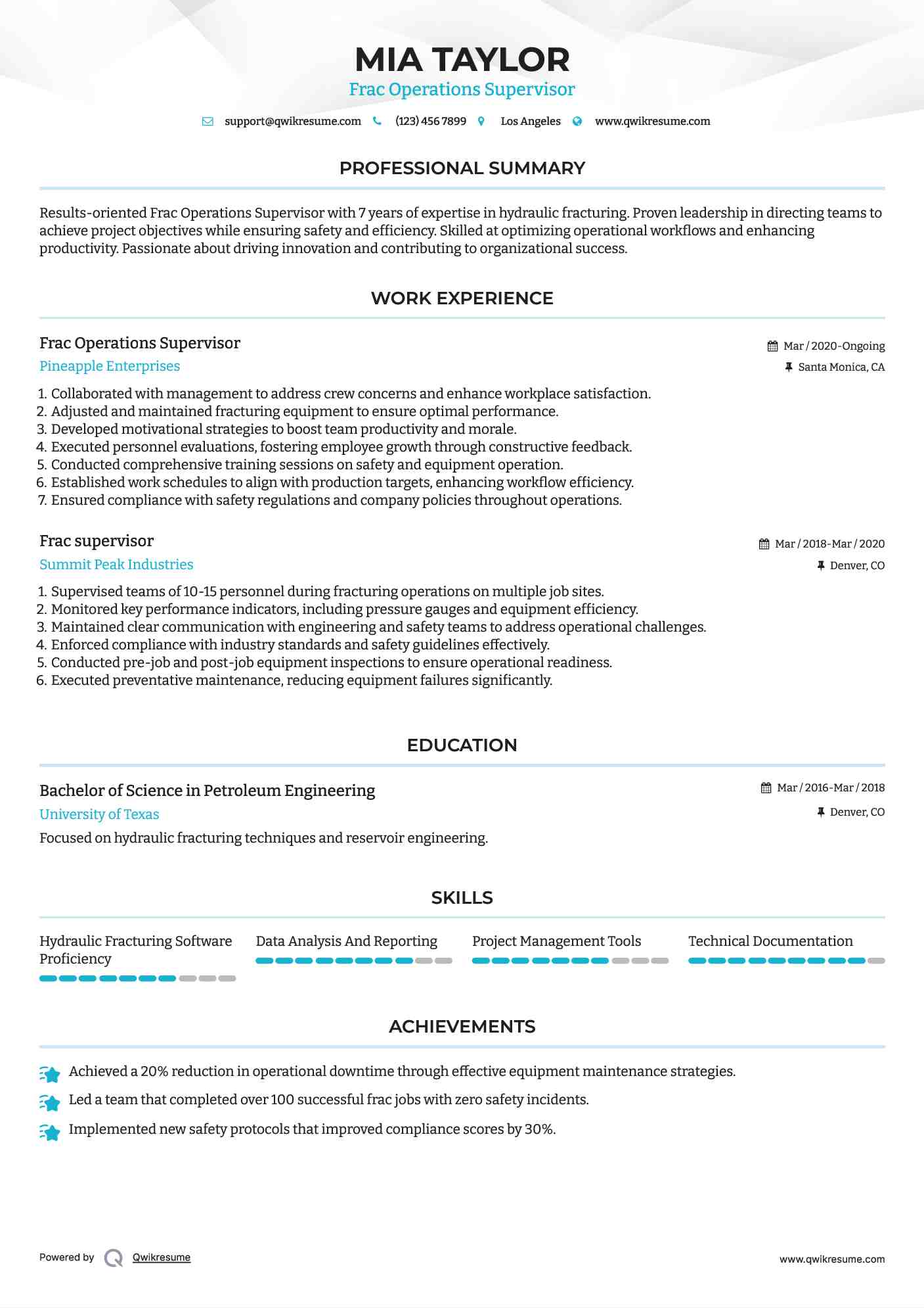 Frac Operations Supervisor Resume Model