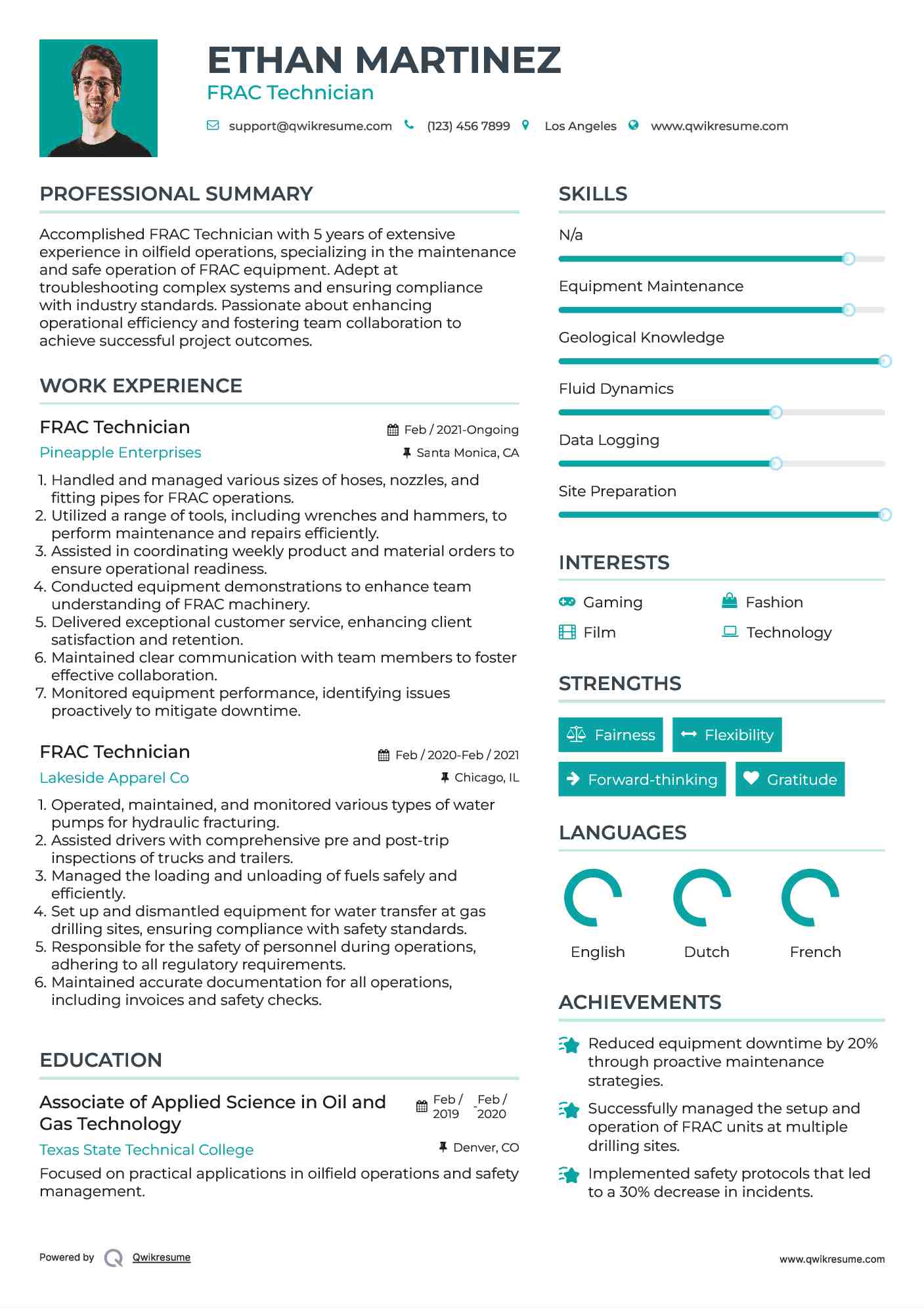 FRAC Technician Resume Example