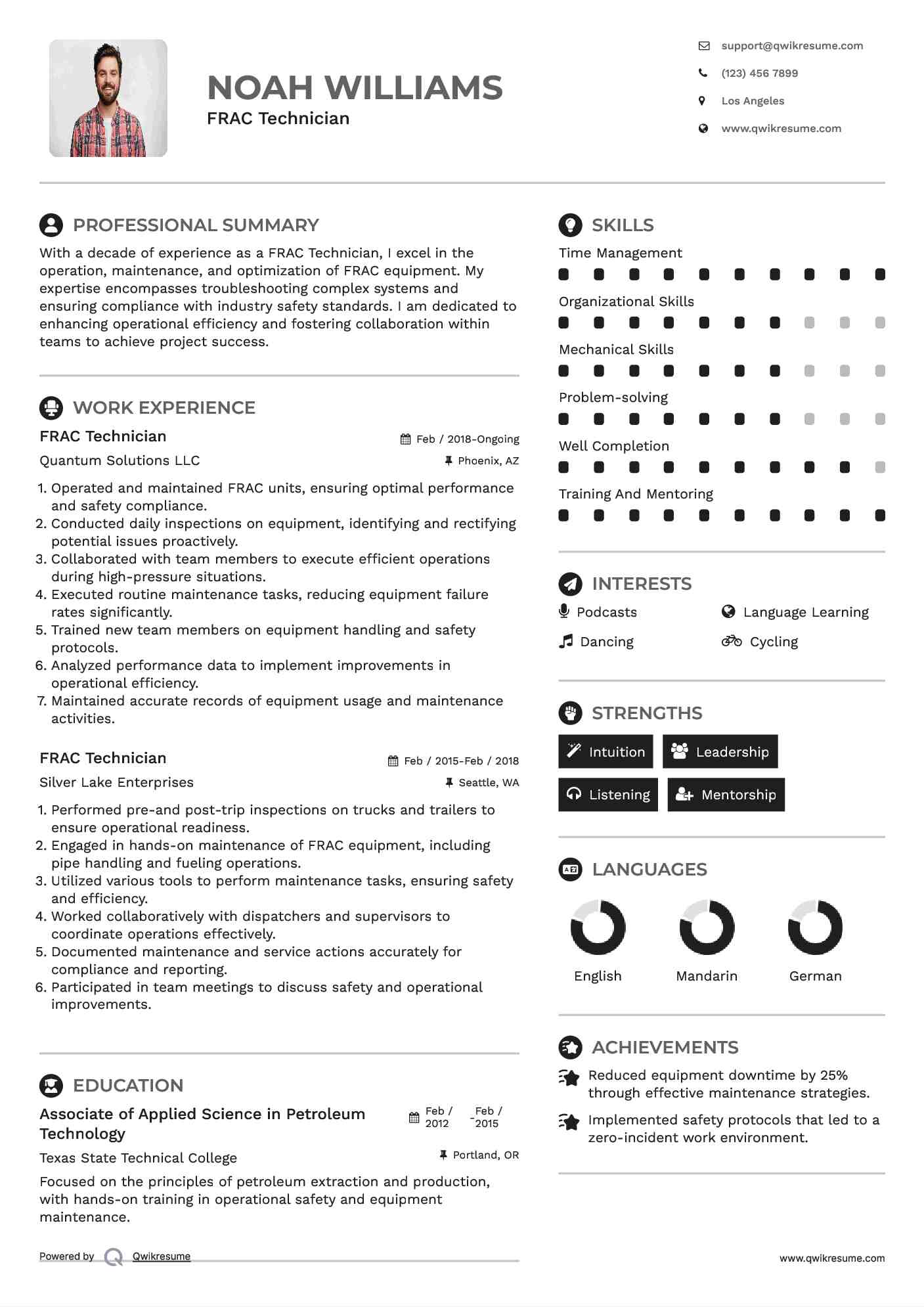 FRAC Technician Resume Model