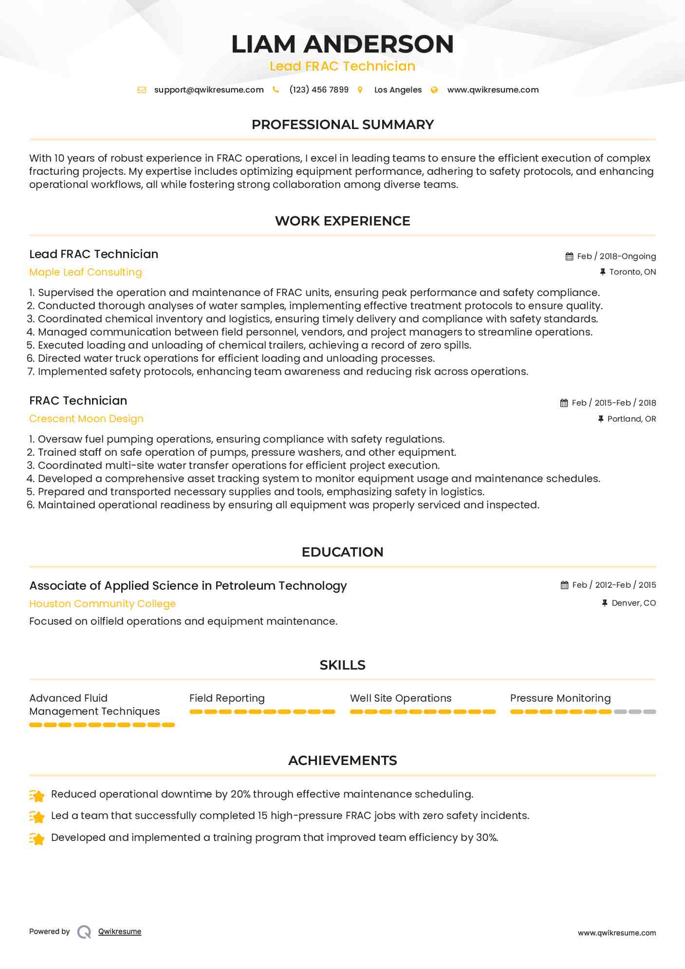 Lead FRAC Technician Resume Template