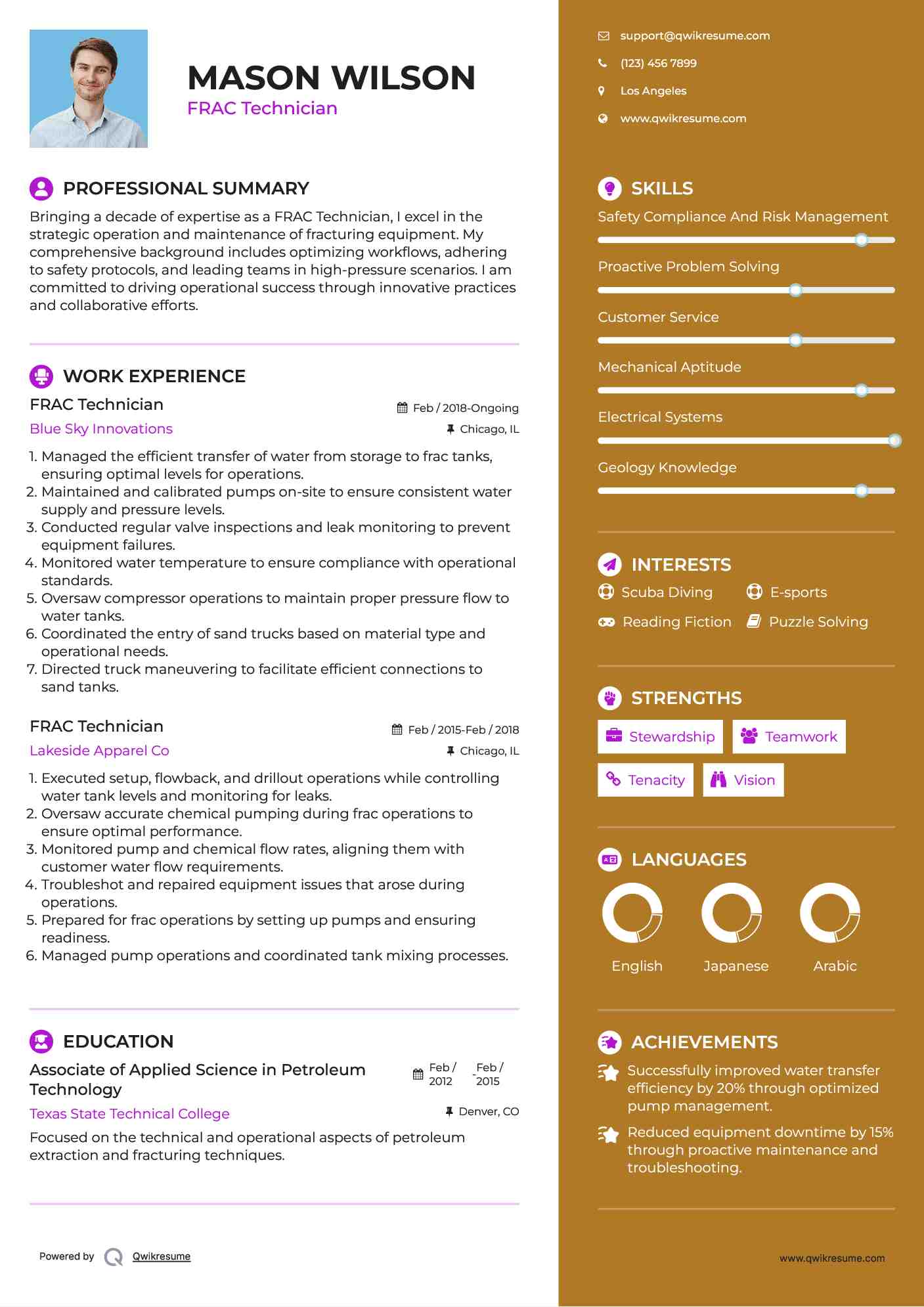 FRAC Technician Resume Example