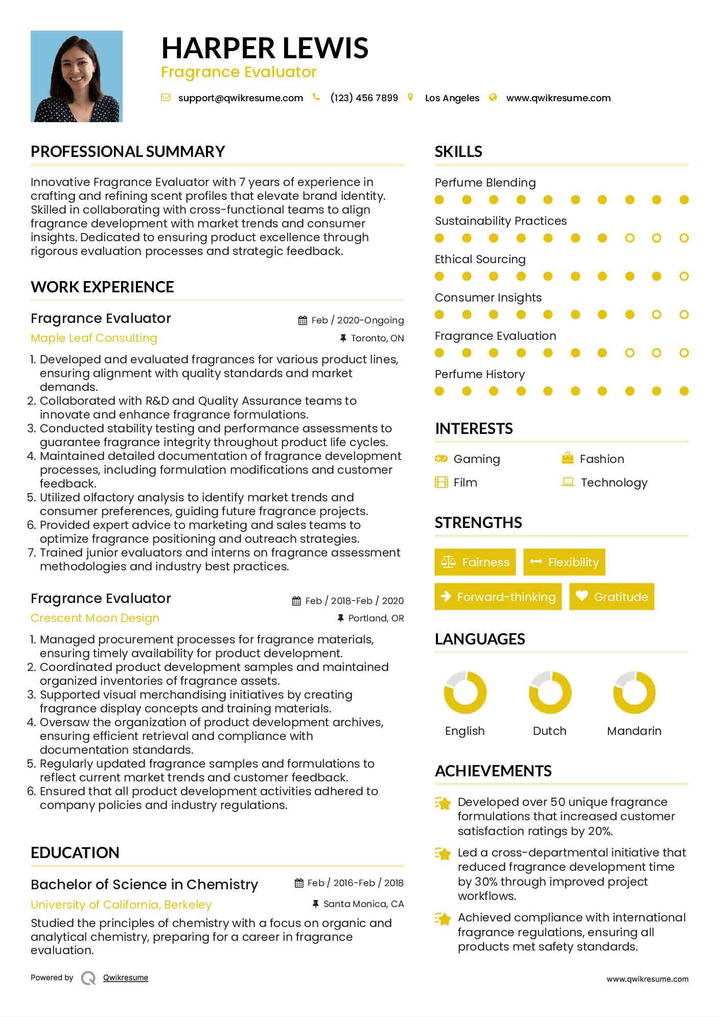 Fragrance Evaluator Resume Model
