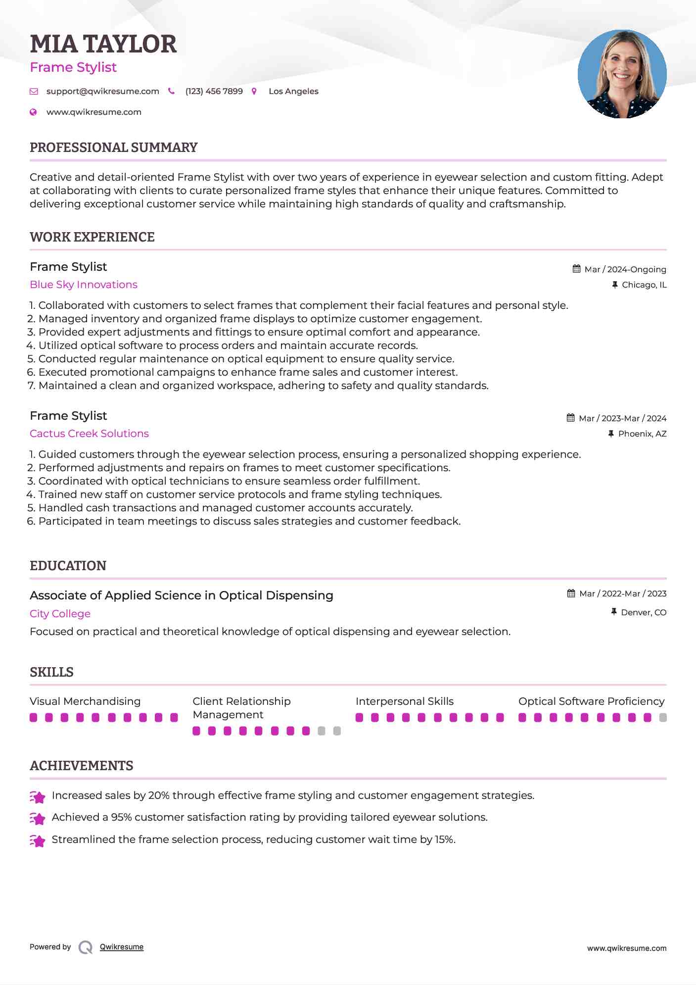 Frame Stylist Resume Format