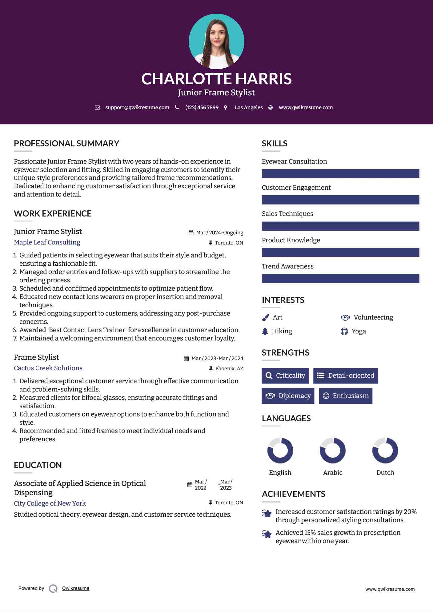 Junior Frame Stylist Resume Sample