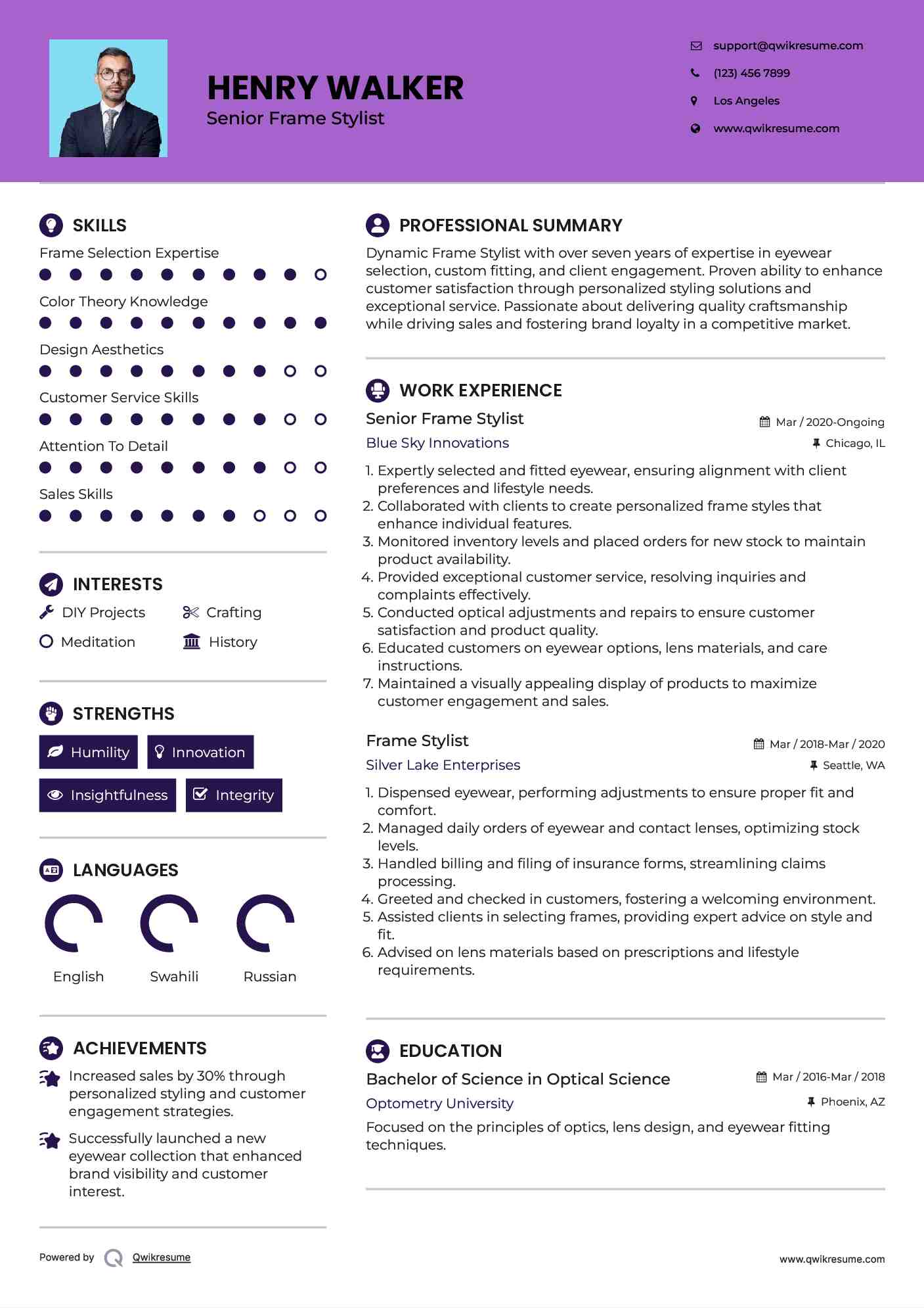 Senior Frame Stylist Resume Template