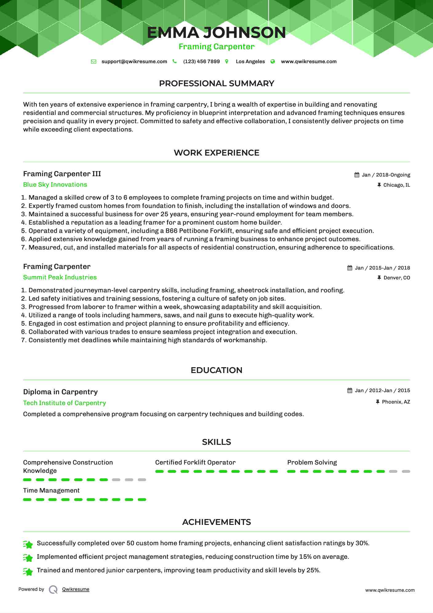 Framing Carpenter Resume Samples QwikResume