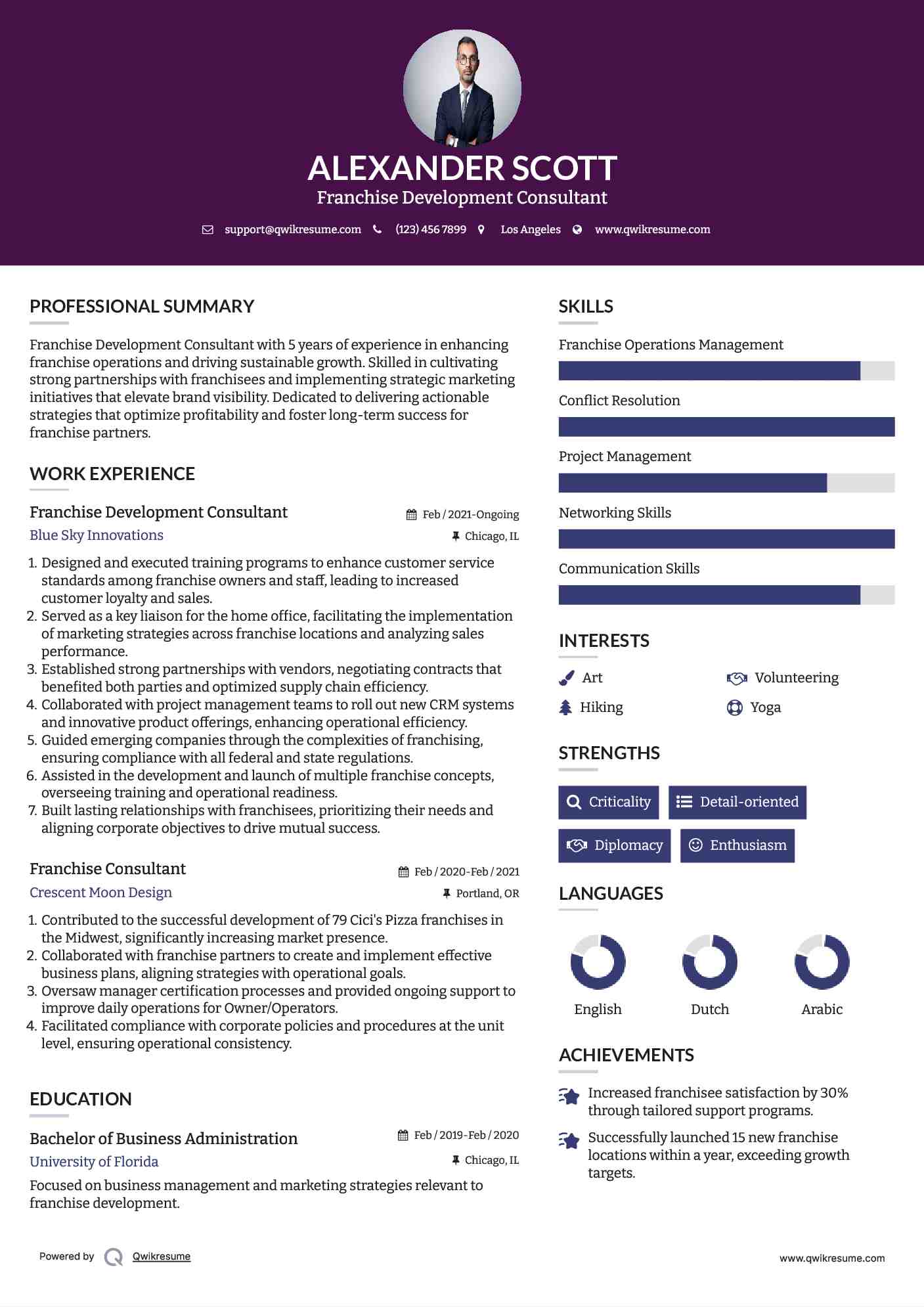 Franchise Development Consultant Resume Sample