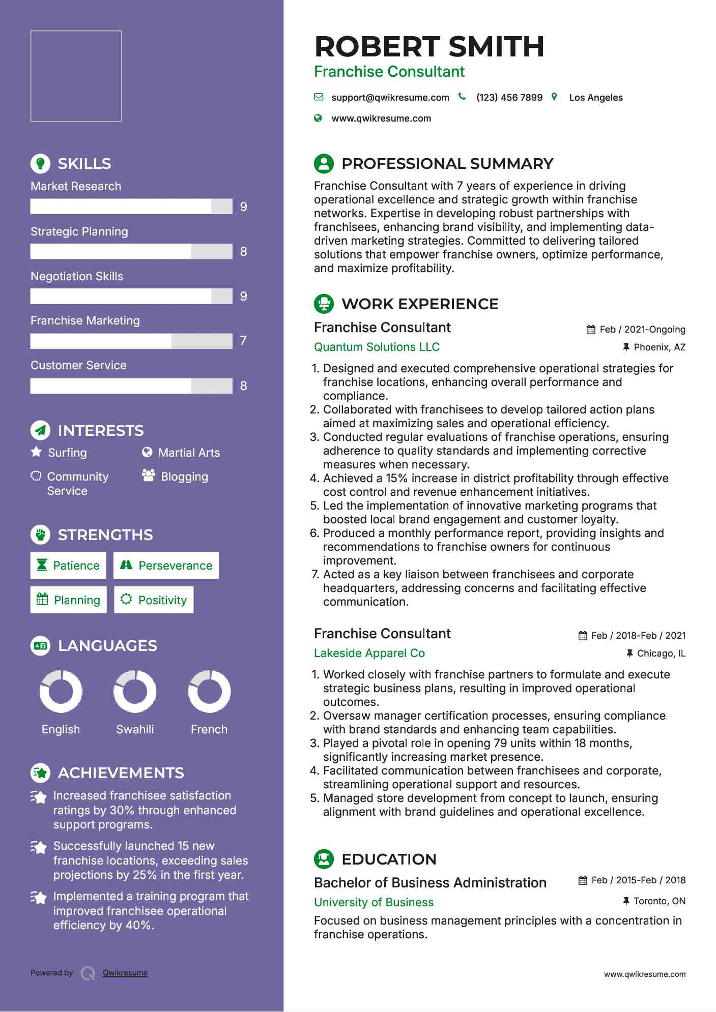 Franchise Consultant Resume Sample