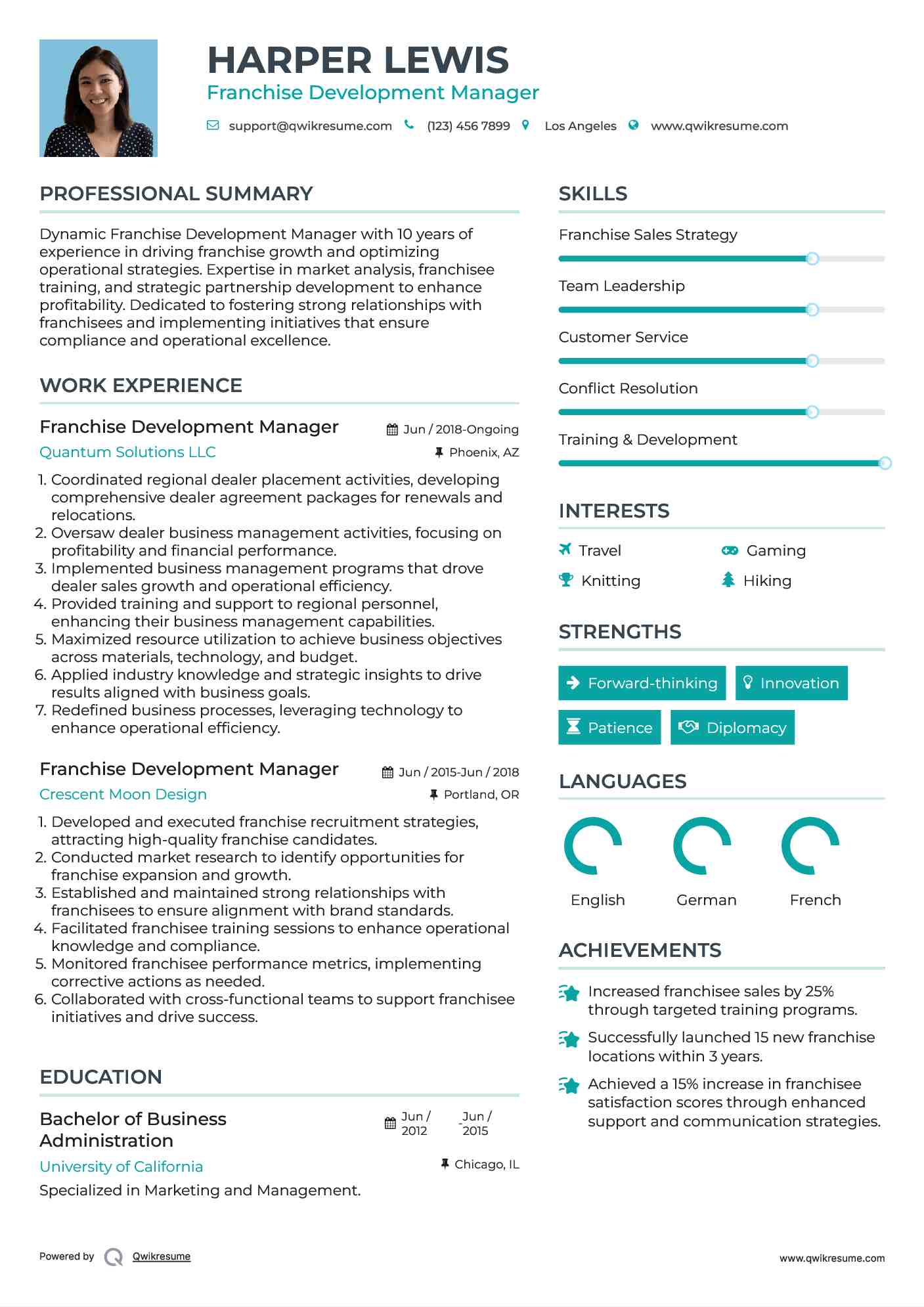 Franchise Development Manager Resume Sample