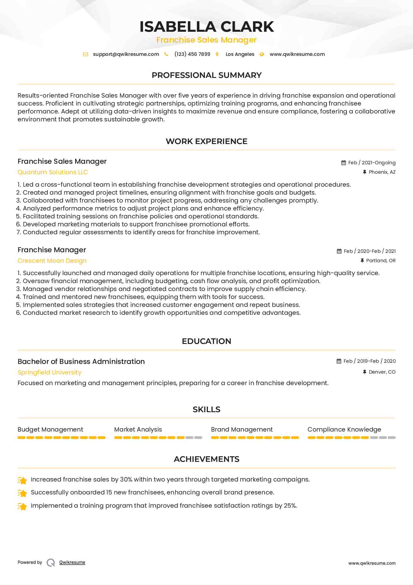 Franchise Sales Manager Resume Model