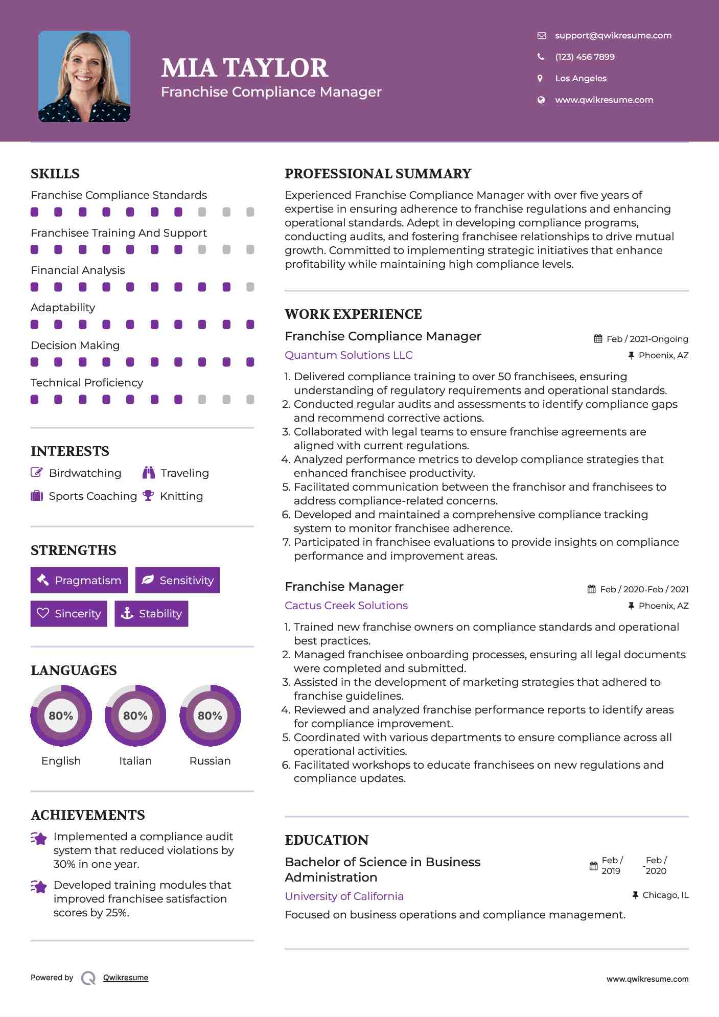 Franchise Compliance Manager Resume Sample