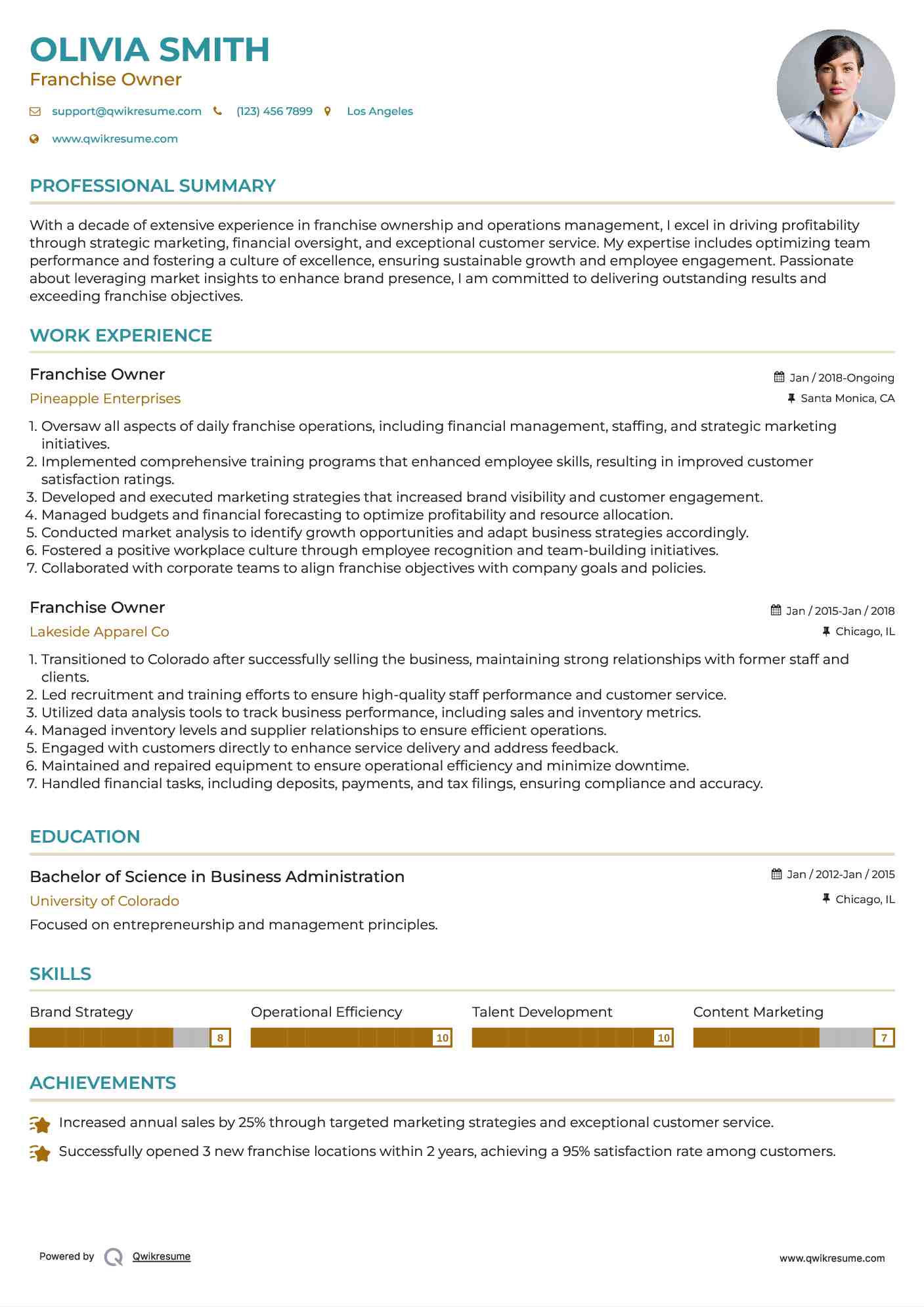 Franchise Owner Resume Template