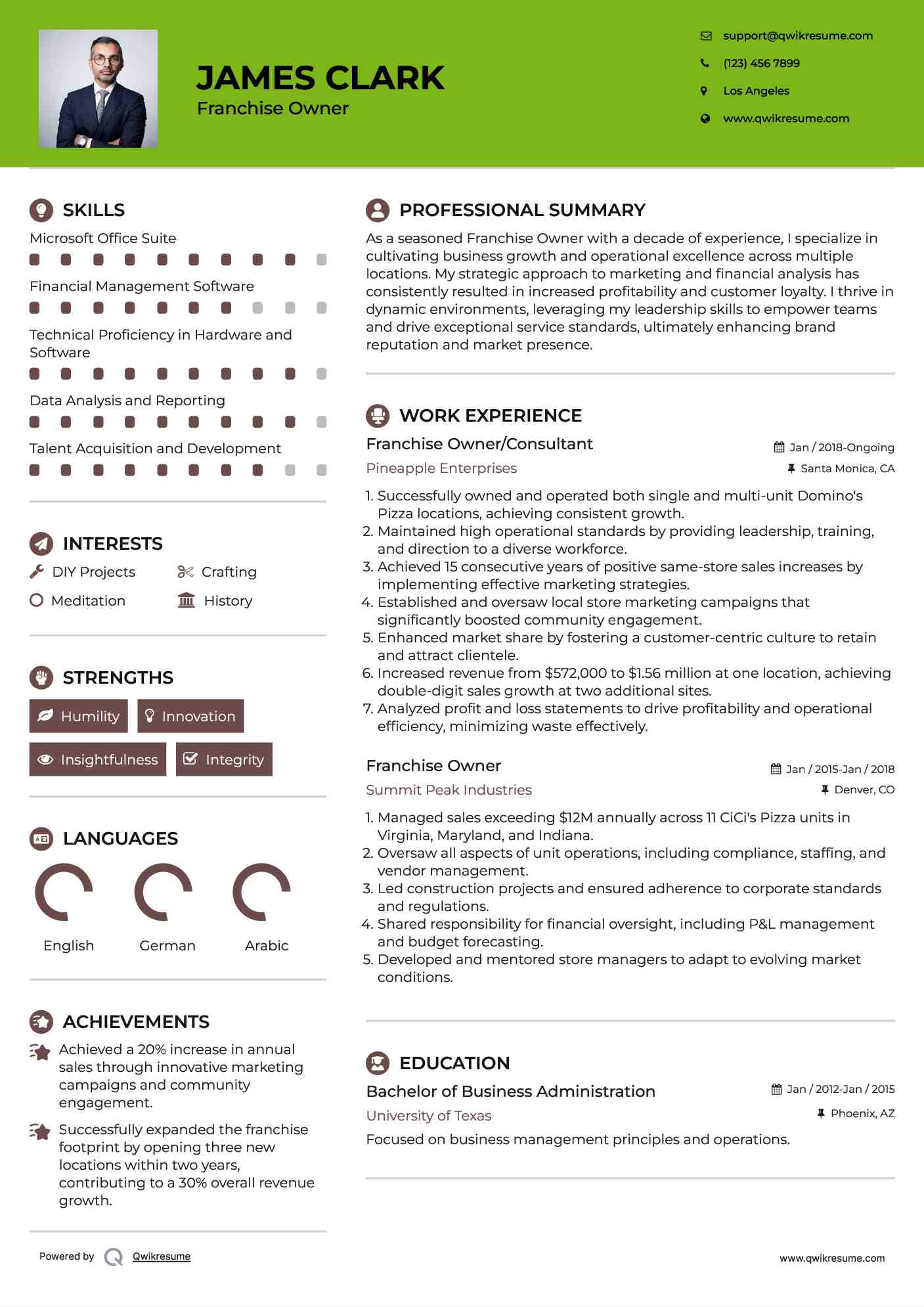 Franchise Owner/Consultant Resume Model