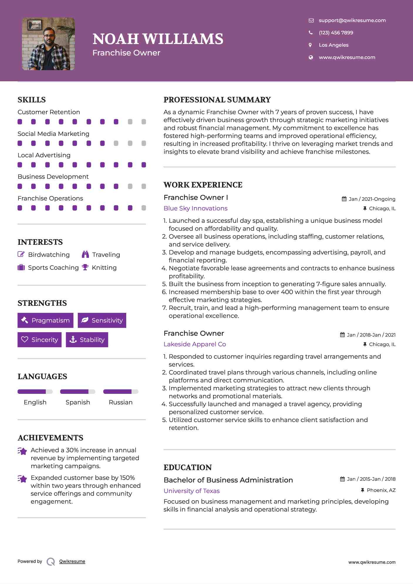 Franchise Owner I Resume Sample