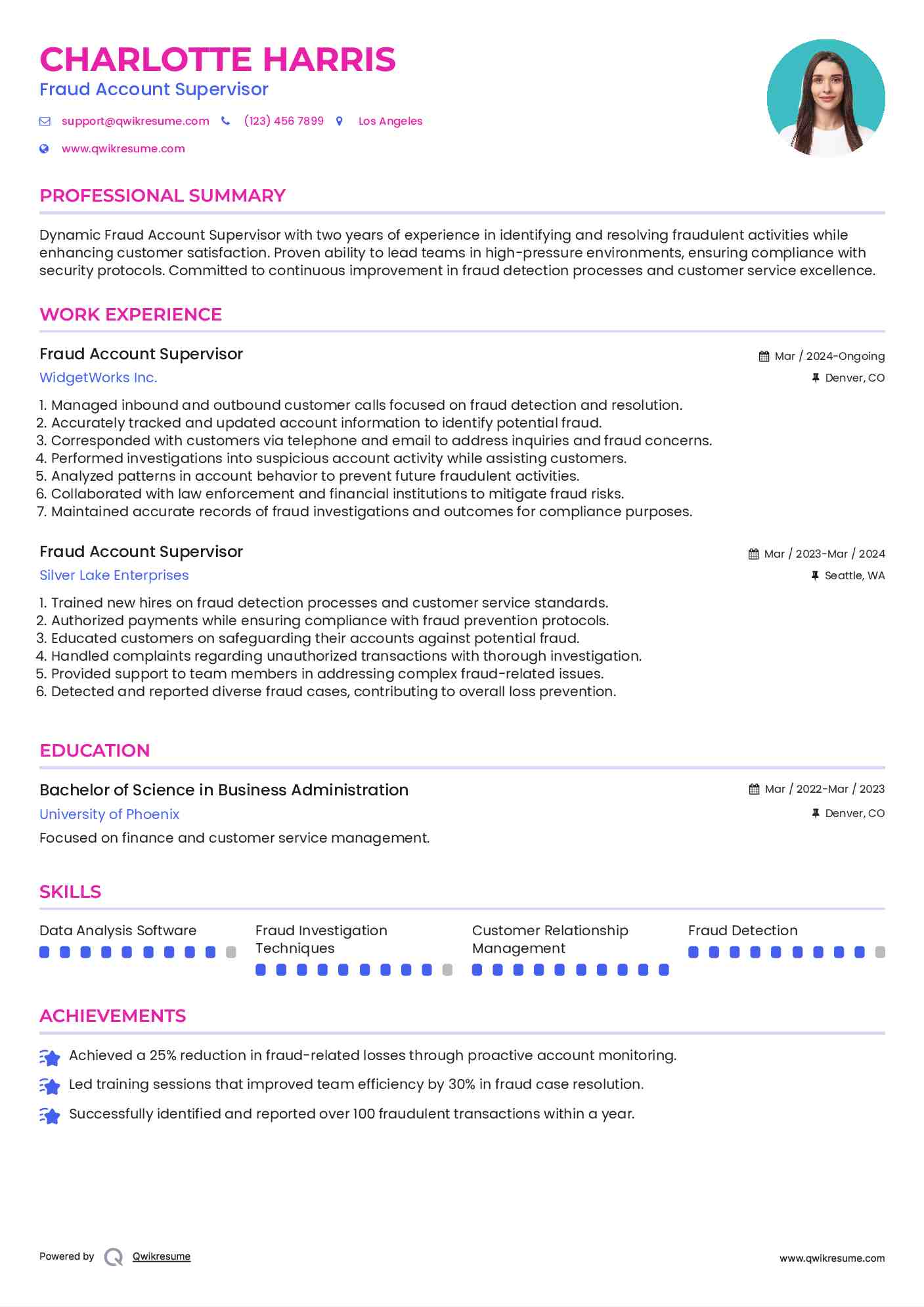 Fraud Account Supervisor Resume Template