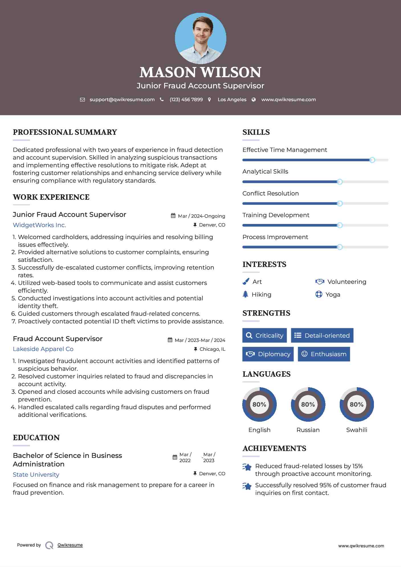Junior Fraud Account Supervisor Resume Format