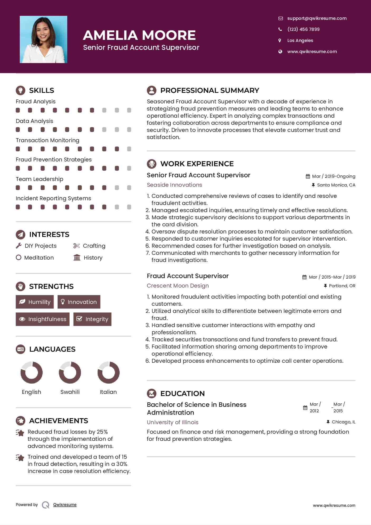 Senior Fraud Account Supervisor Resume Example