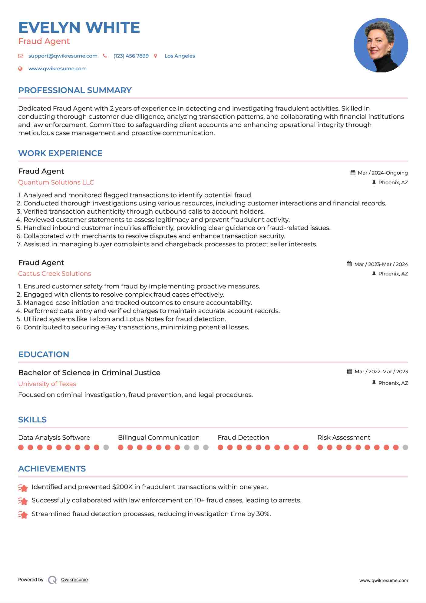 Fraud Agent Resume Sample