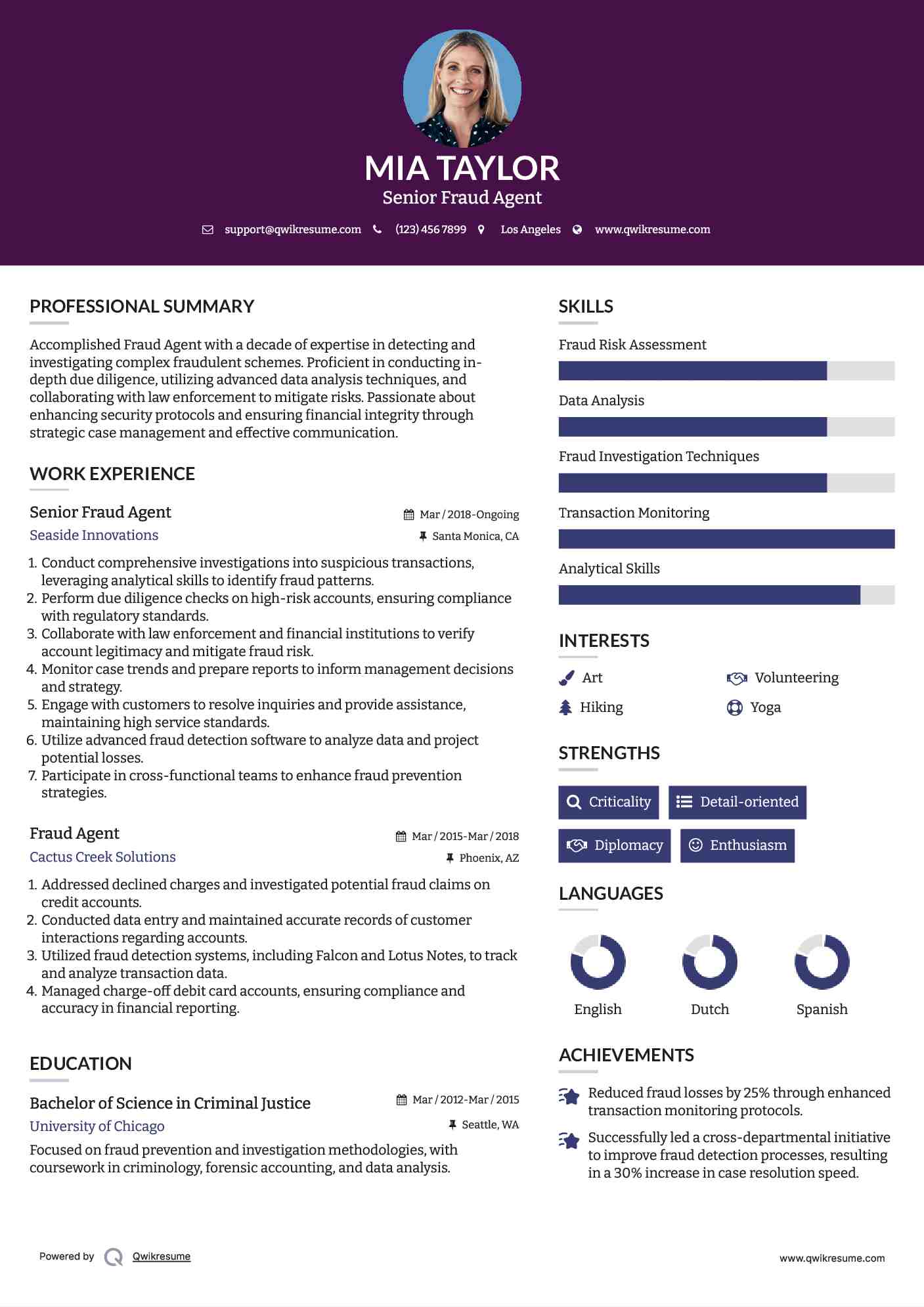 Senior Fraud Agent Resume Model
