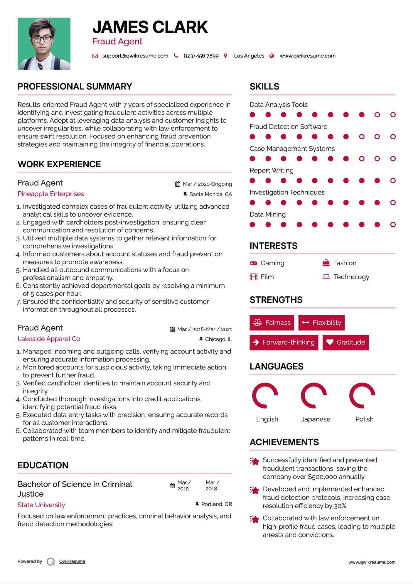 Fraud Agent Resume Sample