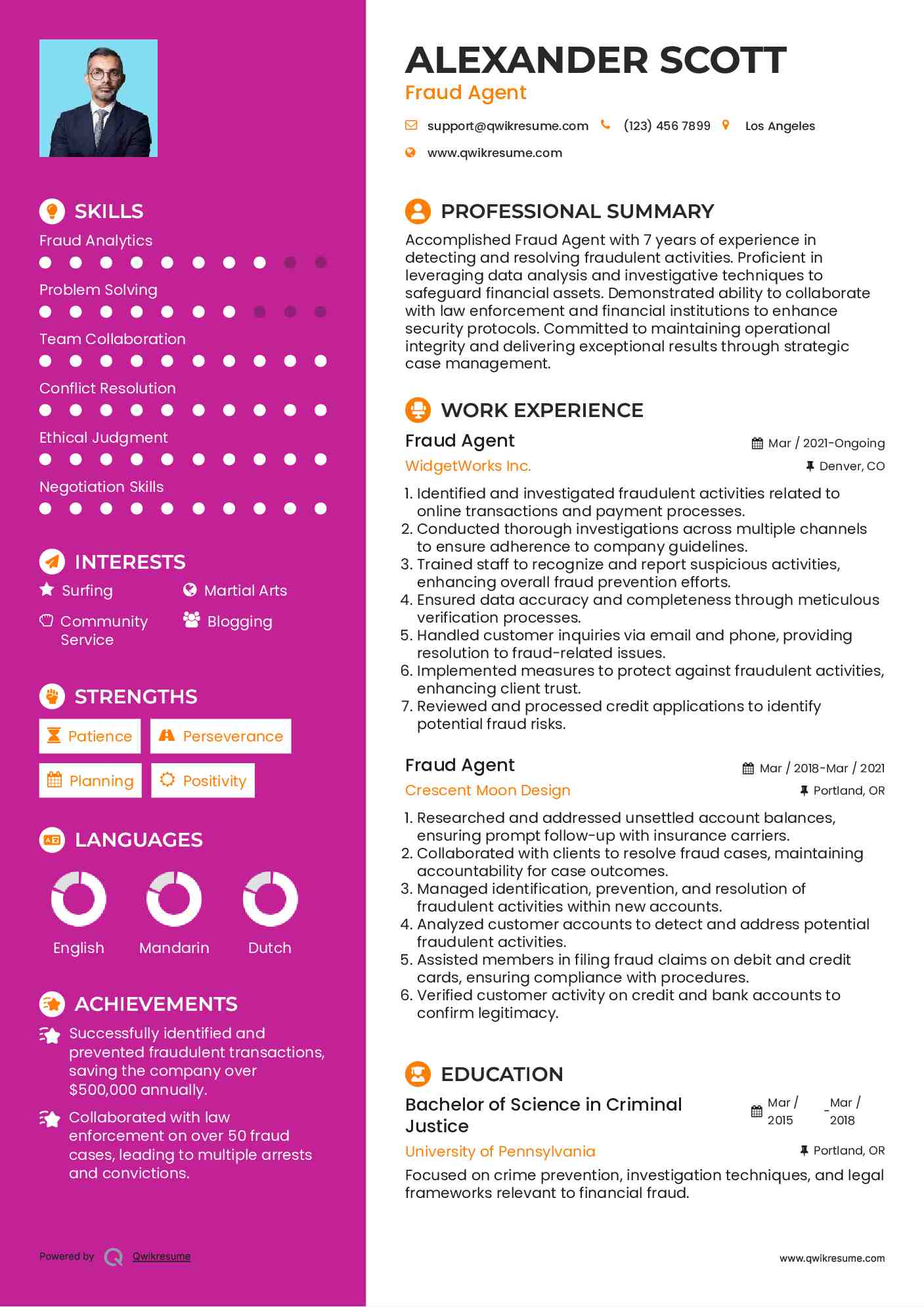 Fraud Agent Resume Sample