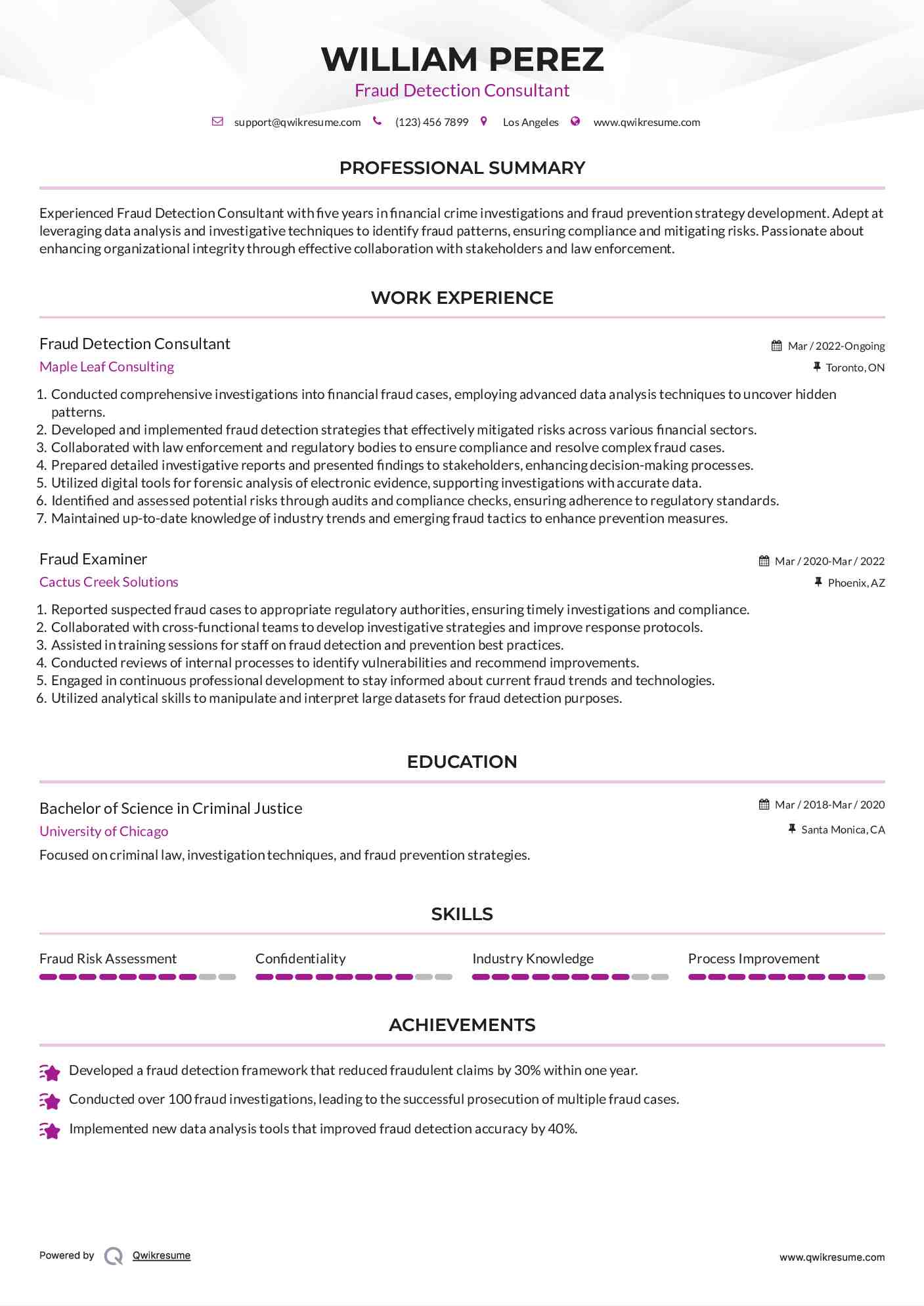 Fraud Detection Consultant Resume Example