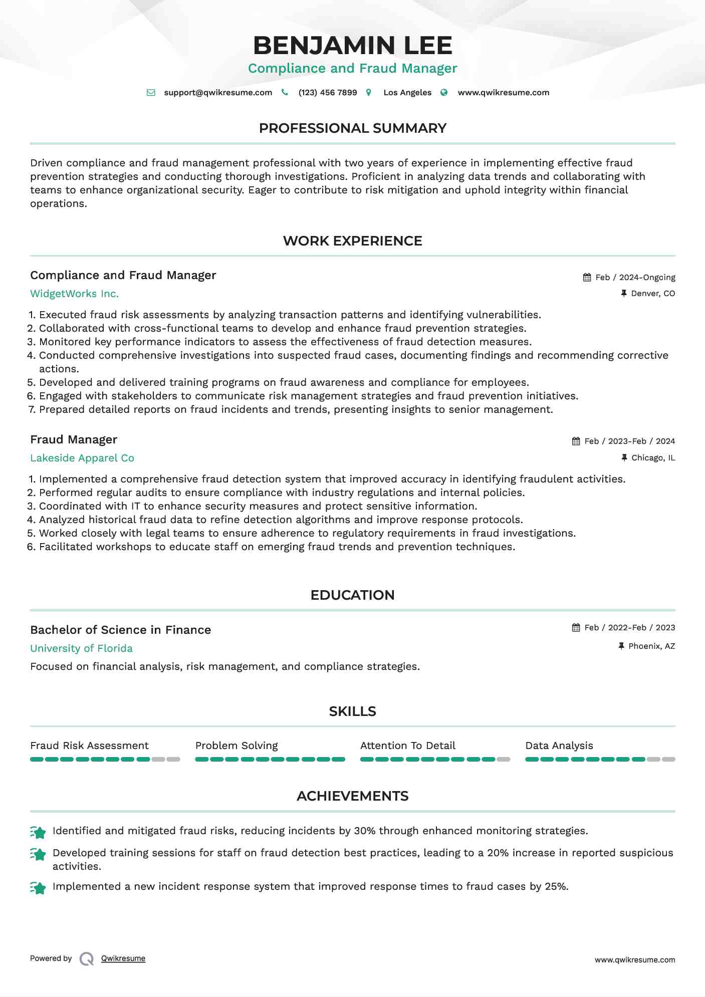 Compliance and Fraud Manager
 Resume Example