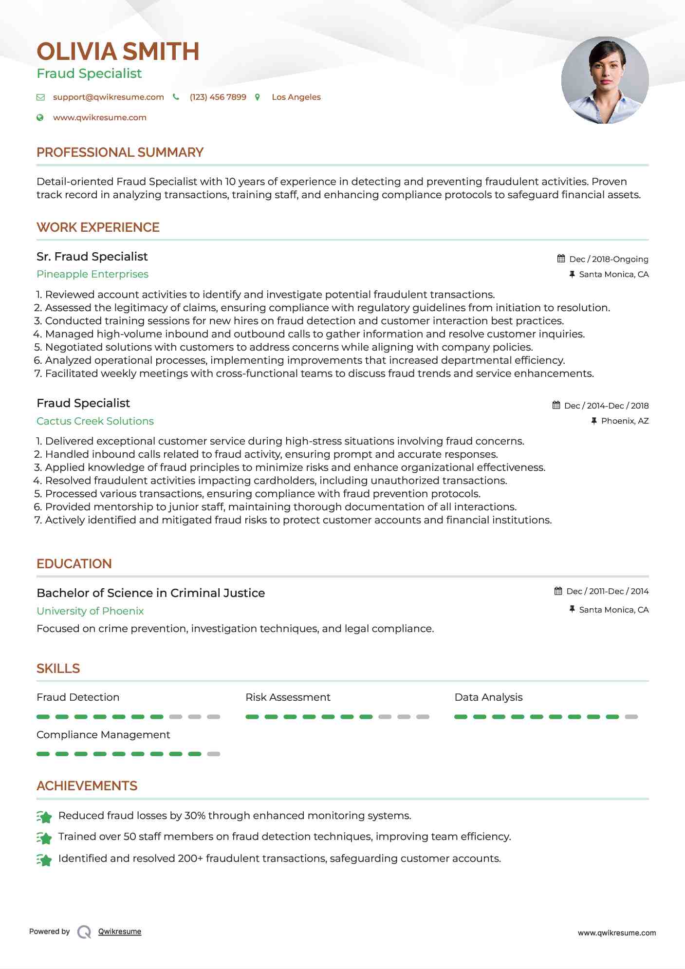 Sr. Fraud Specialist Resume Model