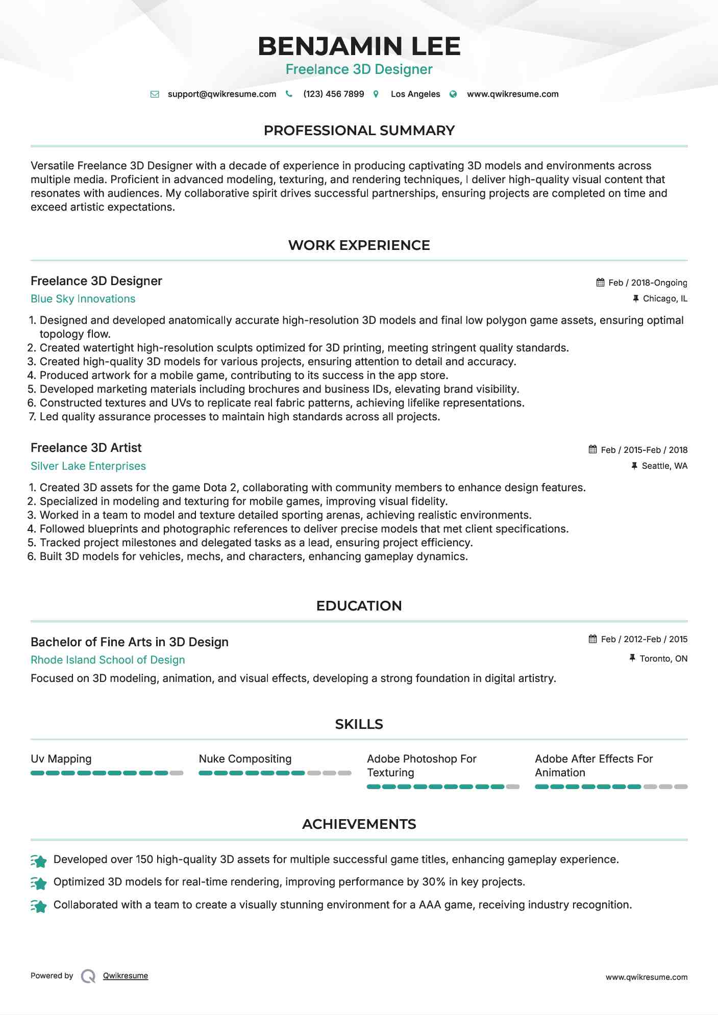 Freelance 3D Designer Resume Model