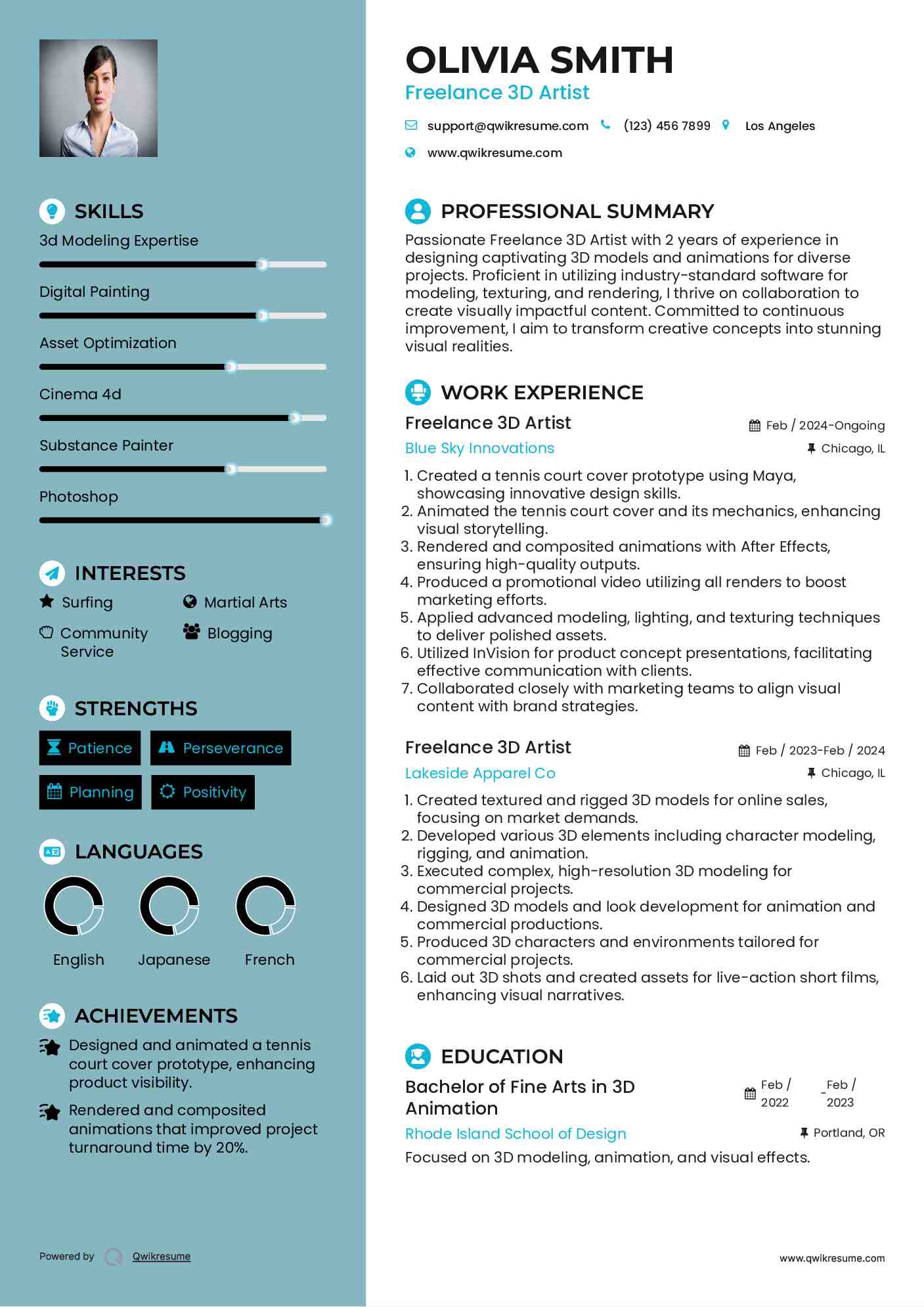 Freelance 3D Artist Resume Sample