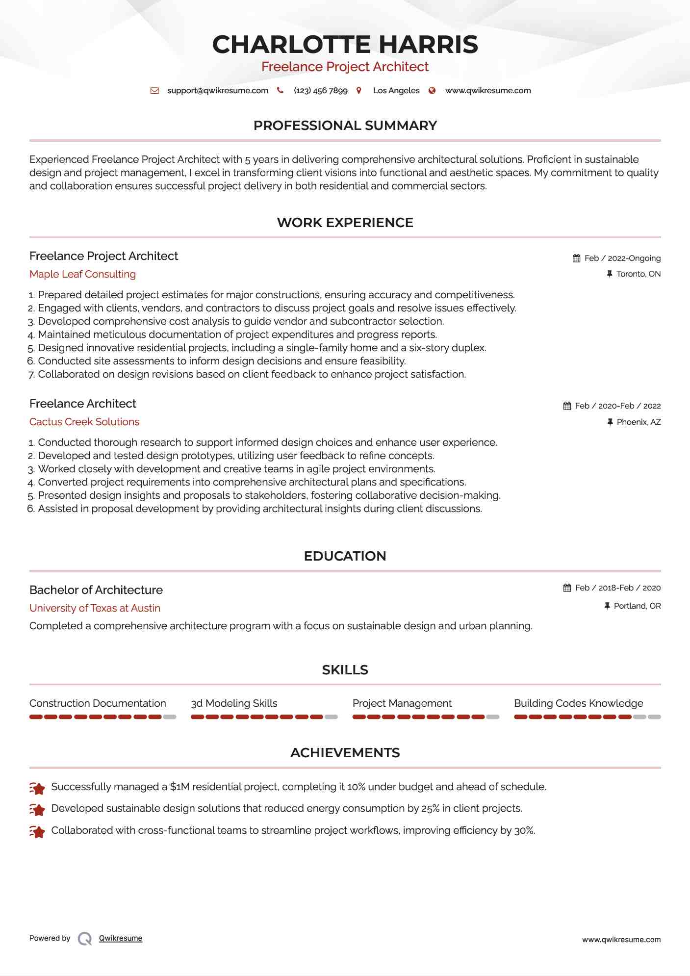 Freelance Project Architect Resume Sample