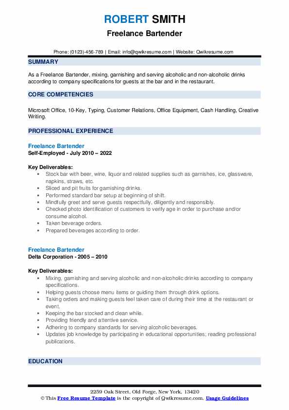 Freelance Bartender Resume Samples QwikResume