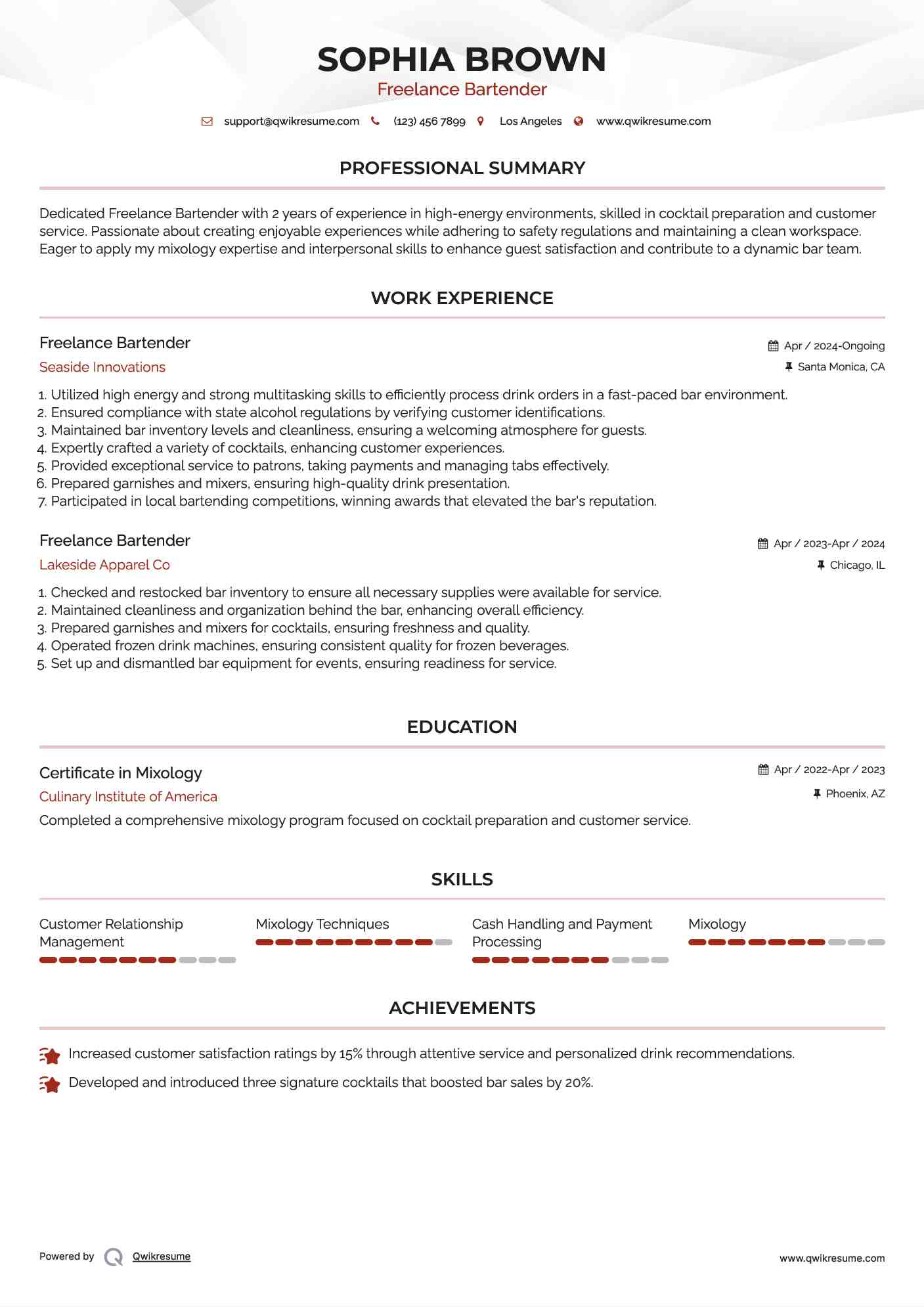 Freelance Bartender Resume Format