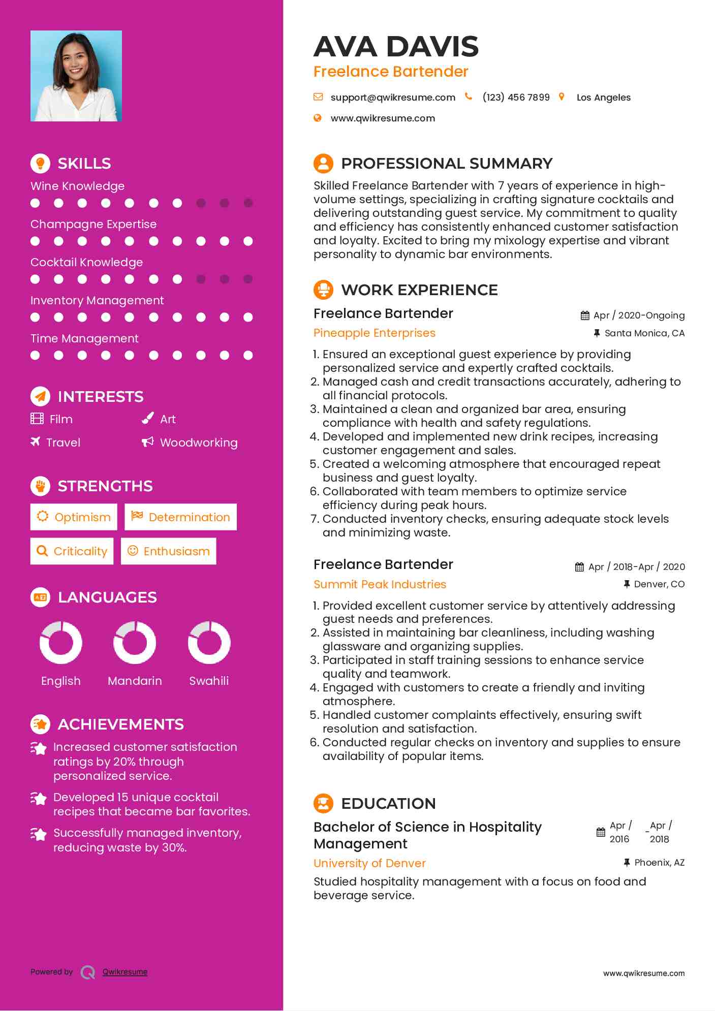 Freelance Bartender Resume Model