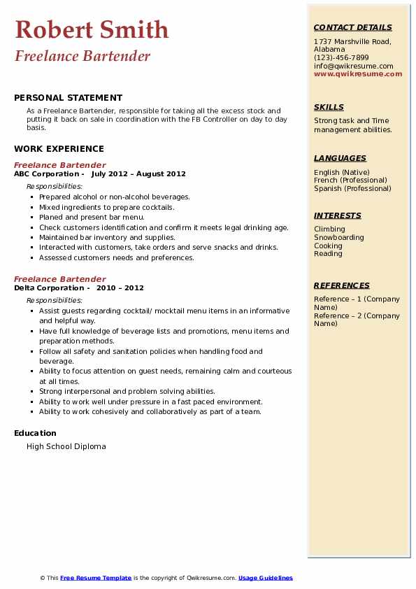 Freelance Bartender Resume Samples QwikResume