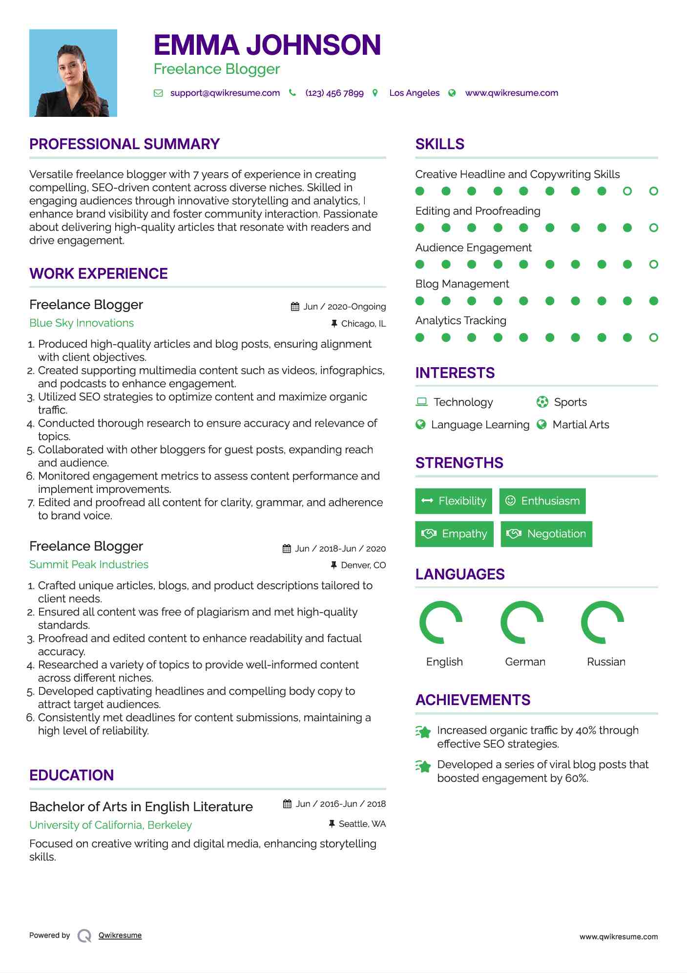 Freelance Blogger Resume Model