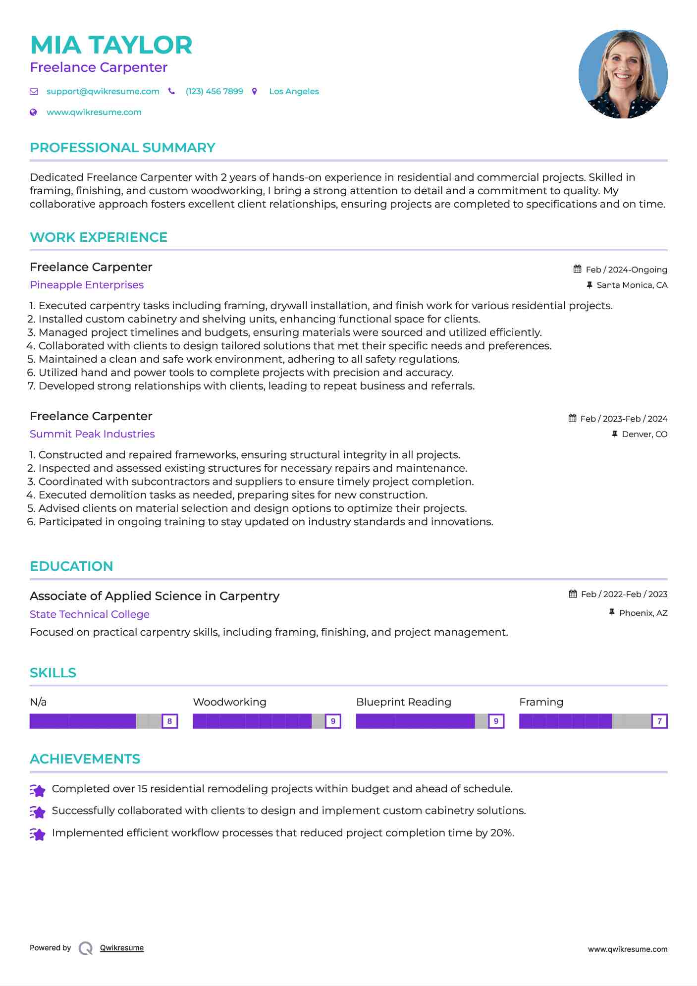 Freelance Carpenter Resume Format