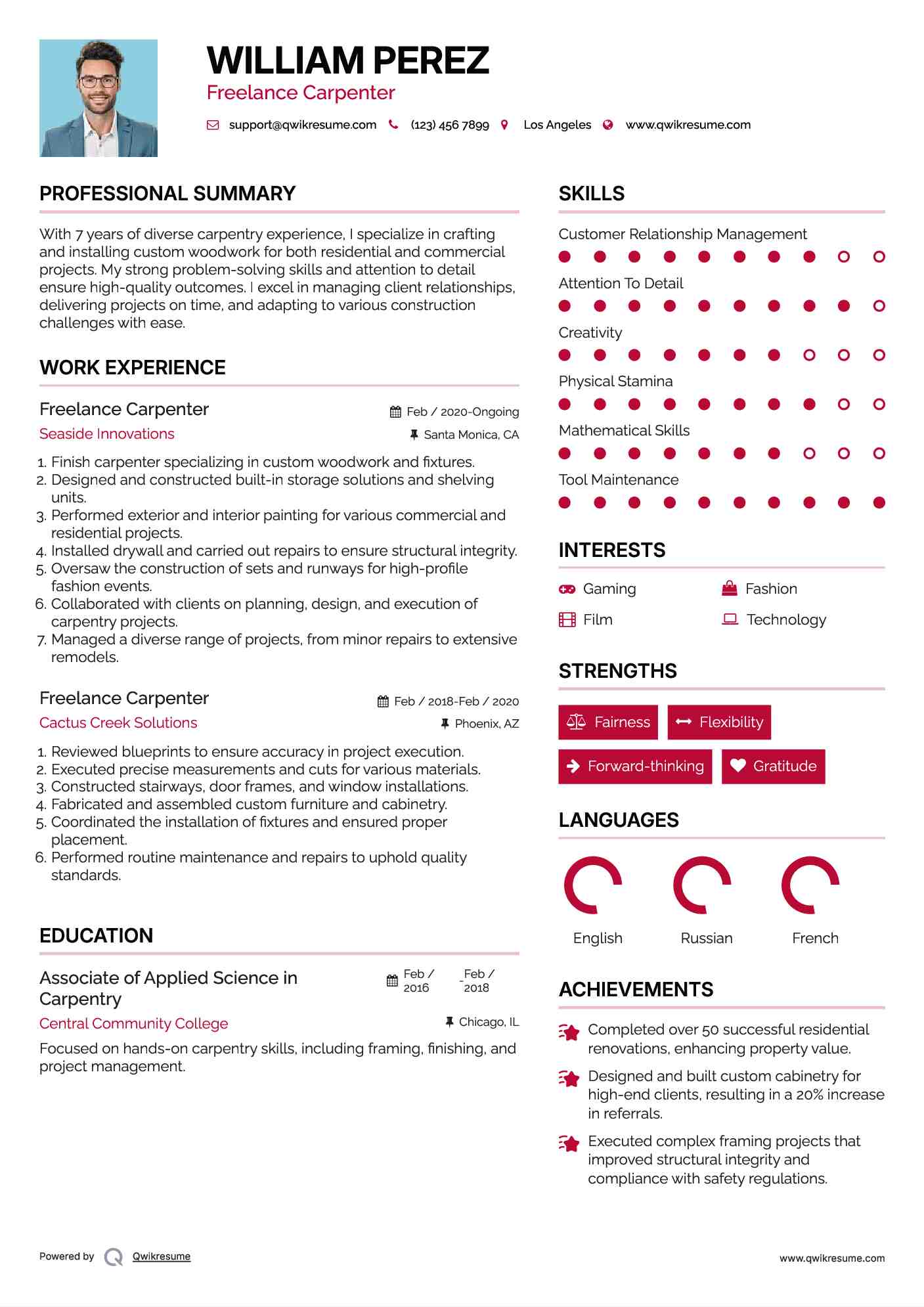 Freelance Carpenter Resume Sample