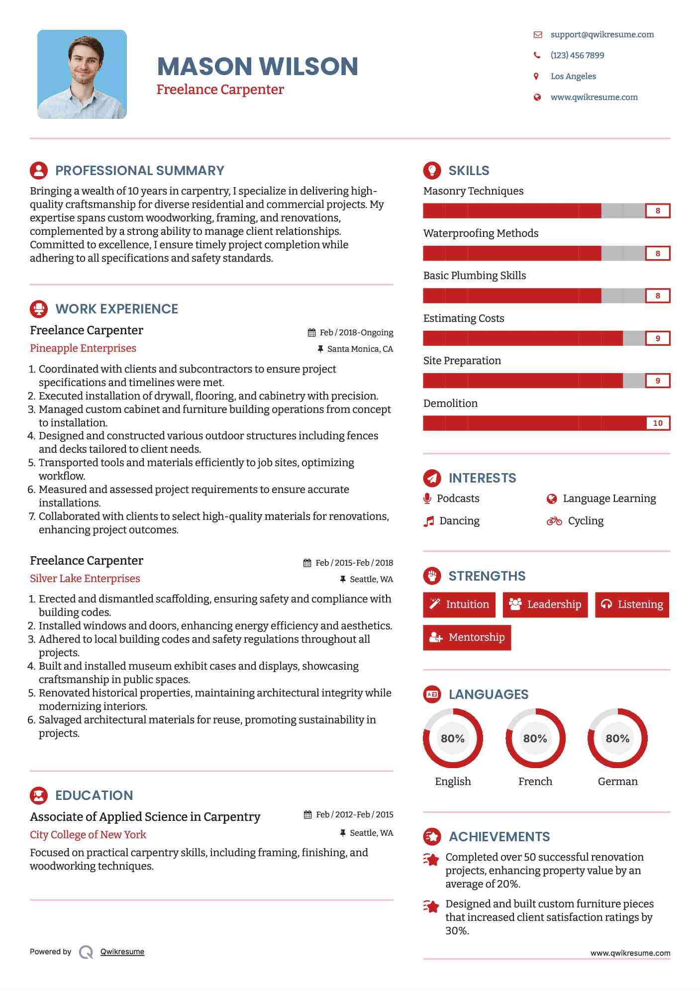 Freelance Carpenter Resume Example