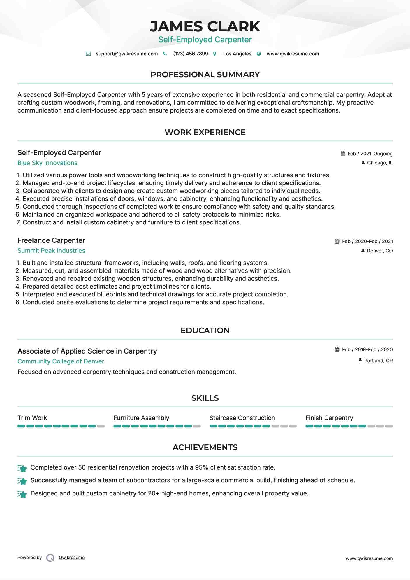 Self-Employed Carpenter Resume Model