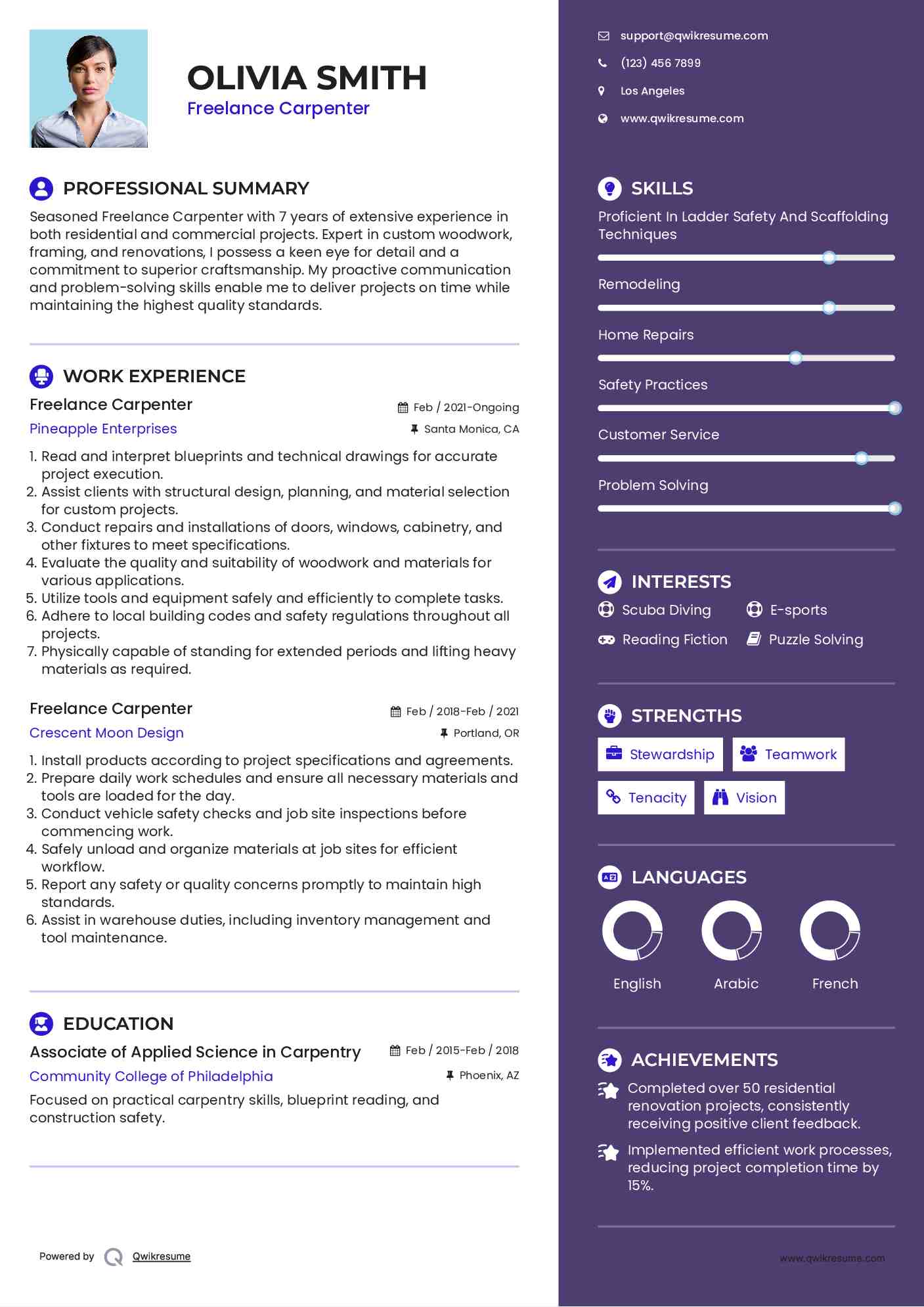 Freelance Carpenter Resume Sample