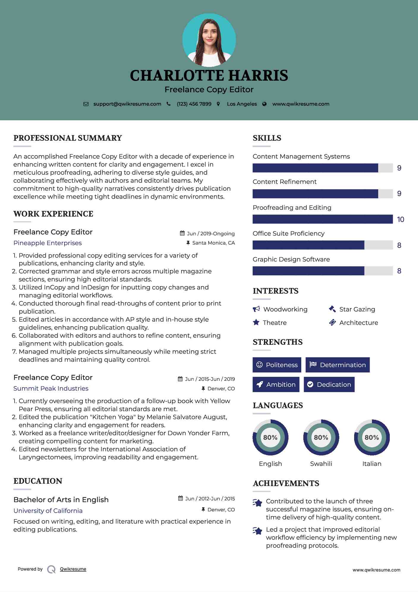 Freelance Copy Editor Resume Model