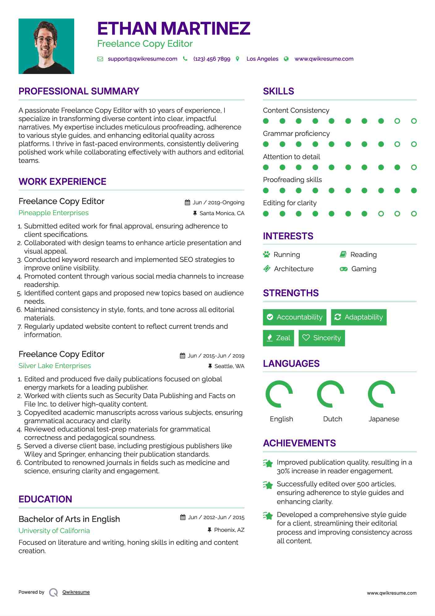 Freelance Copy Editor Resume Model