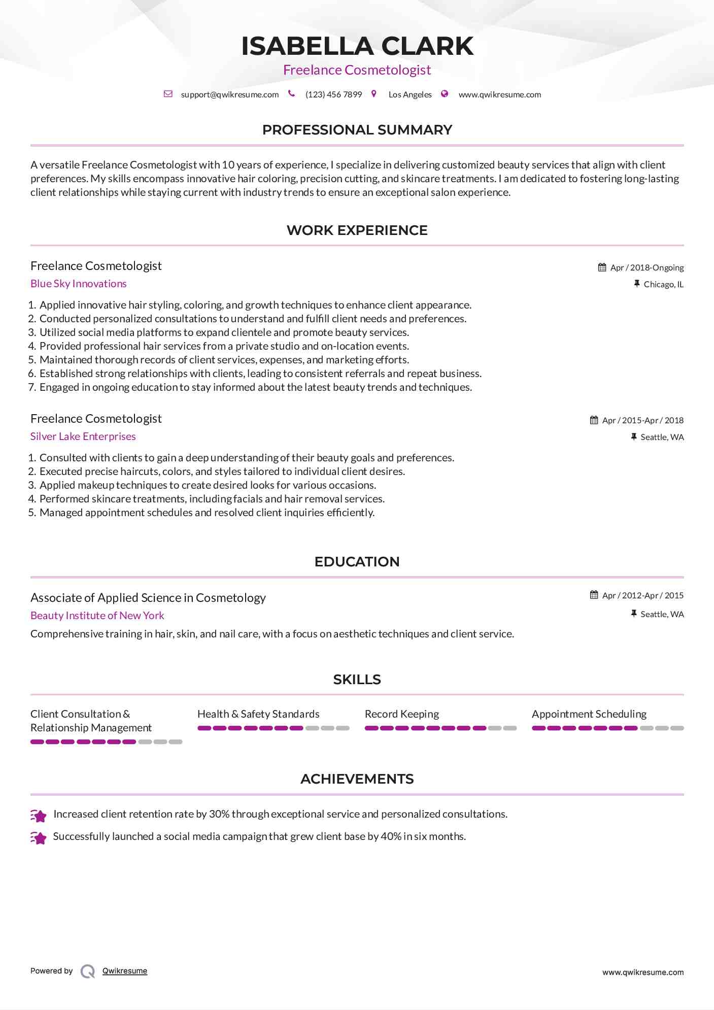 Freelance Cosmetologist Resume Example