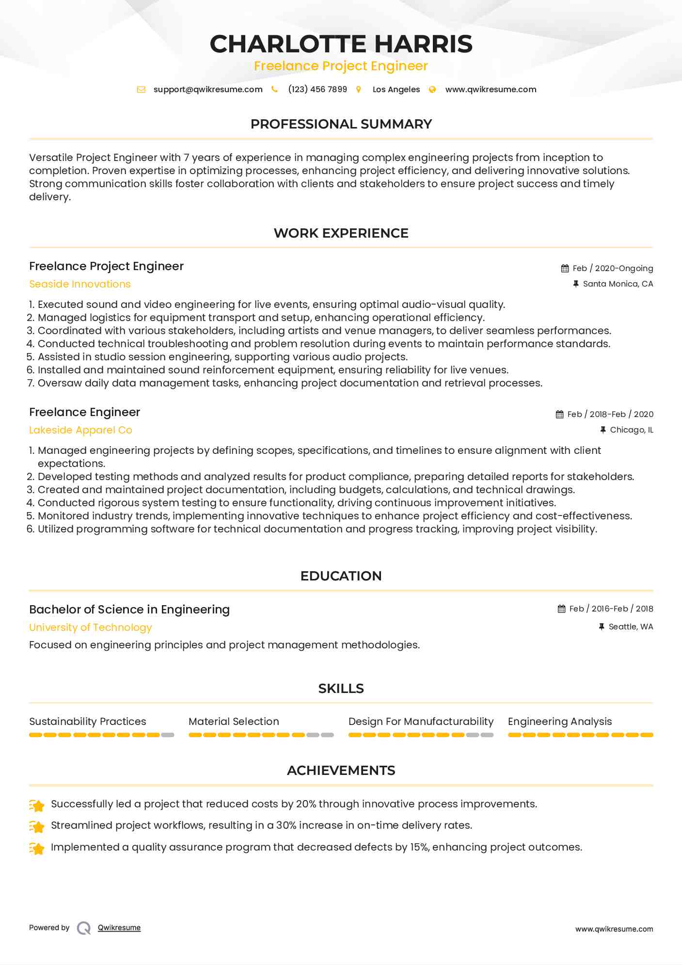 Freelance Project Engineer Resume Sample