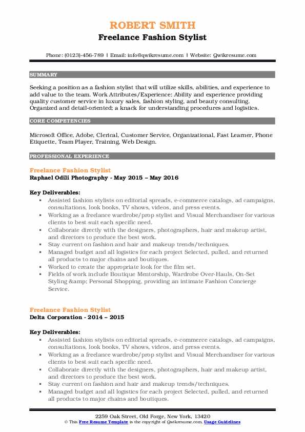 Freelance Fashion Stylist Resume Samples QwikResume