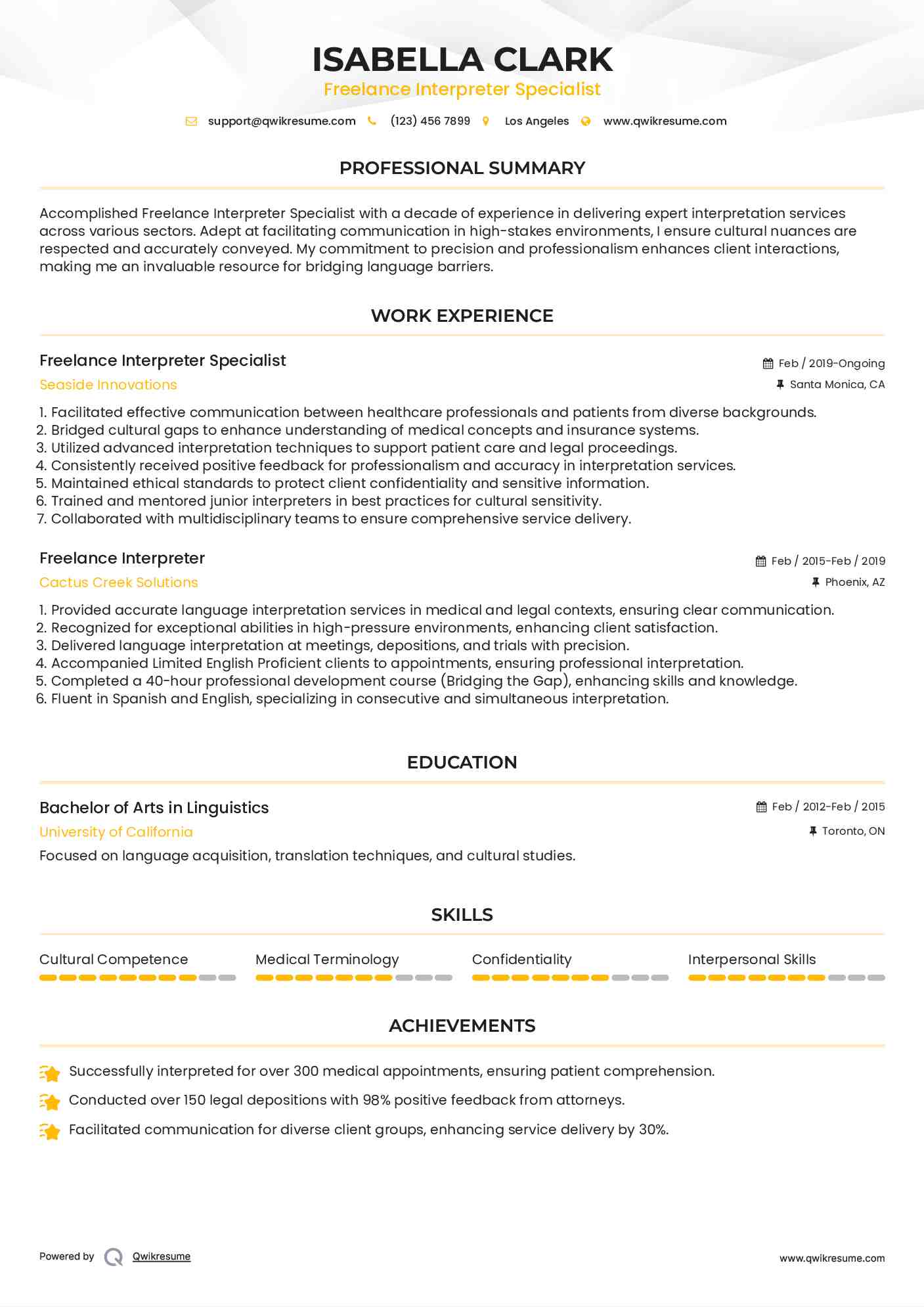 Freelance Interpreter Specialist Resume Example